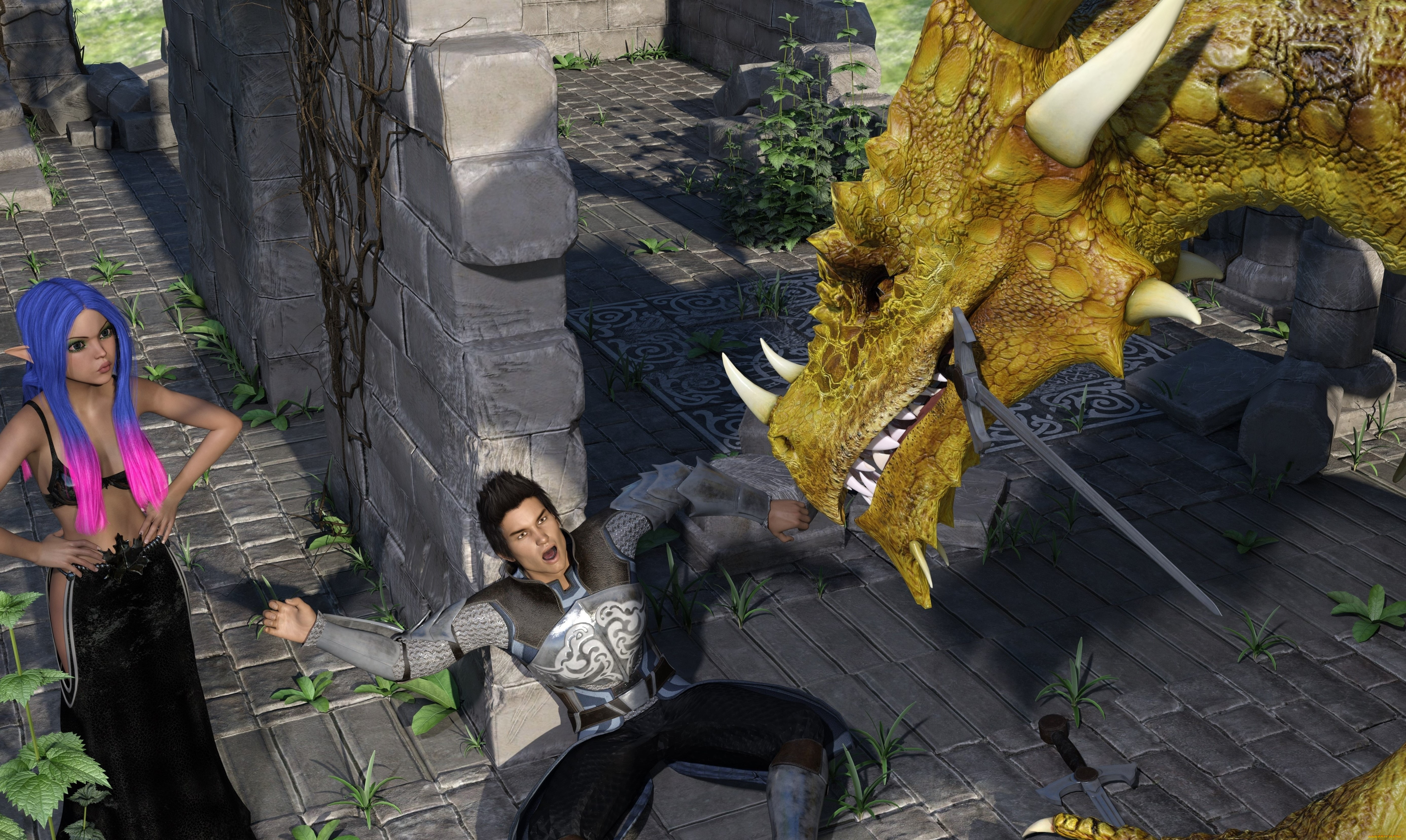 3д, графика, фантазия, , fantasy, девушка, дракон, фон, взгляд