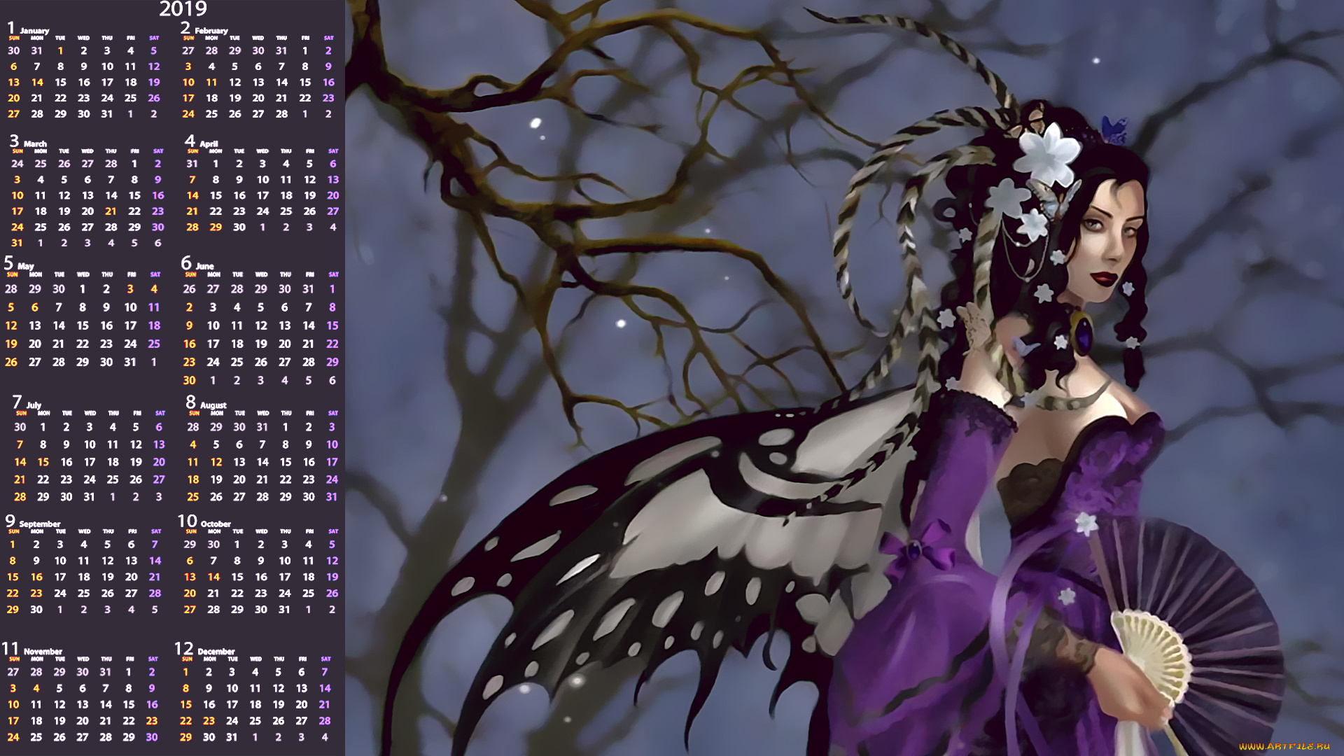 календари, фэнтези, девушка, веер, крылья, взгляд