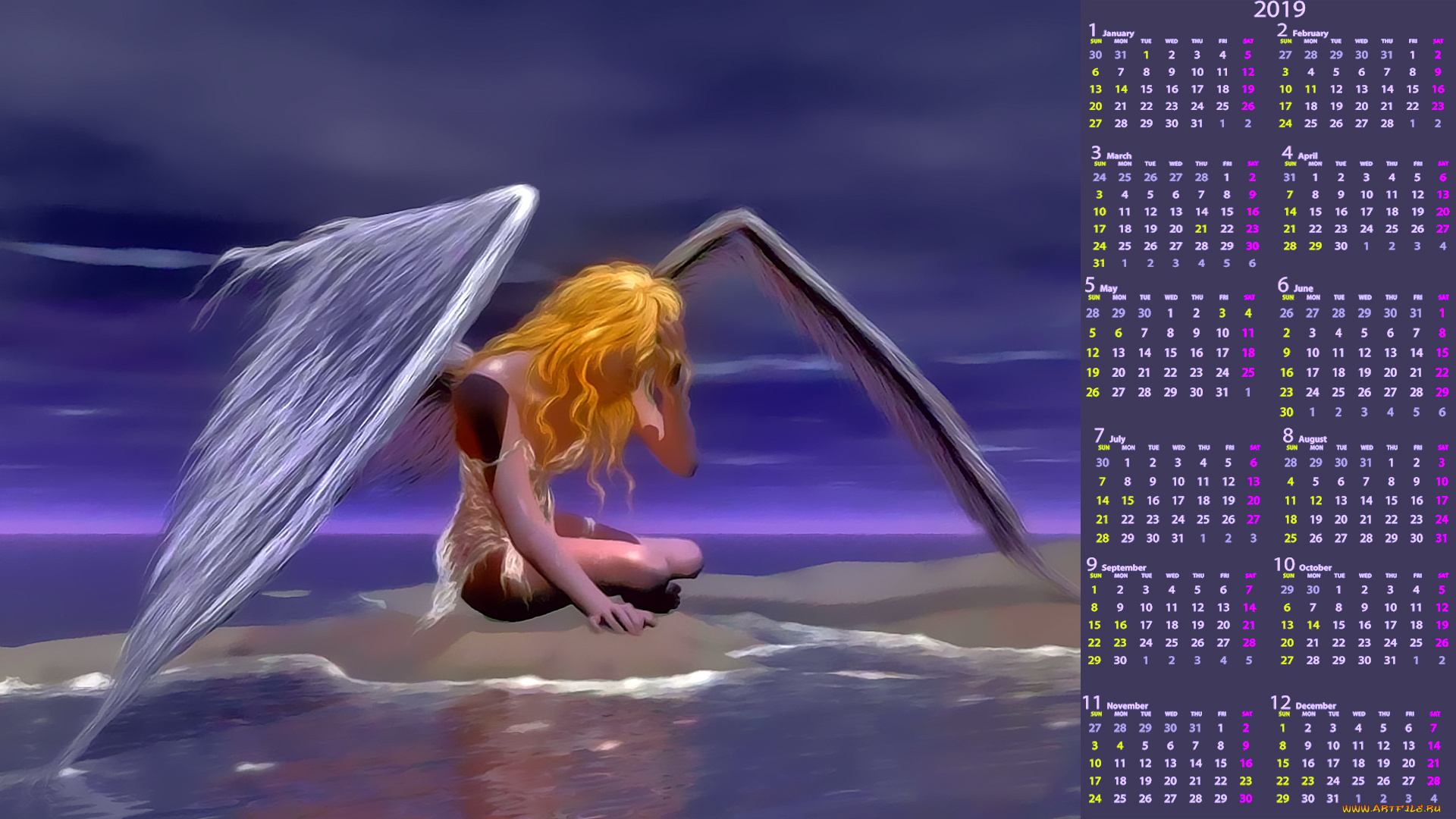 календари, фэнтези, крылья, девушка