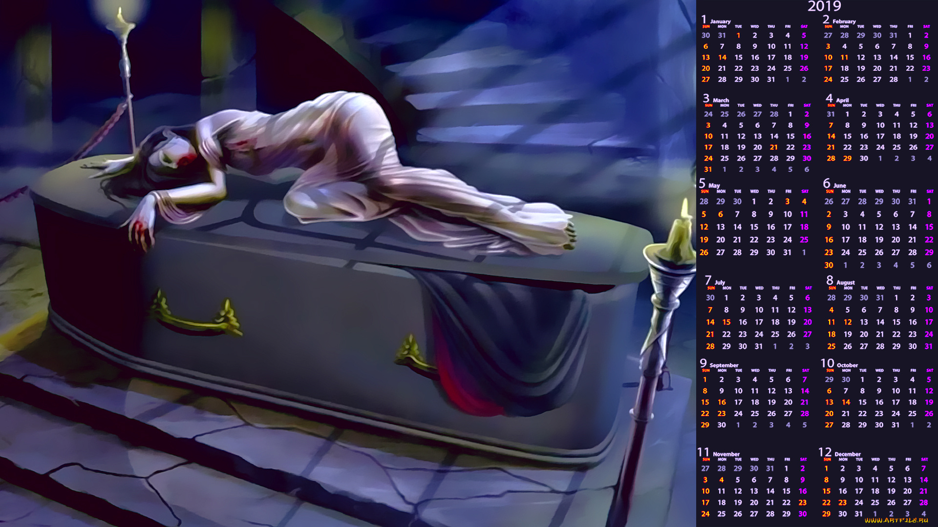календари, фэнтези, свеча, гроб, девушка