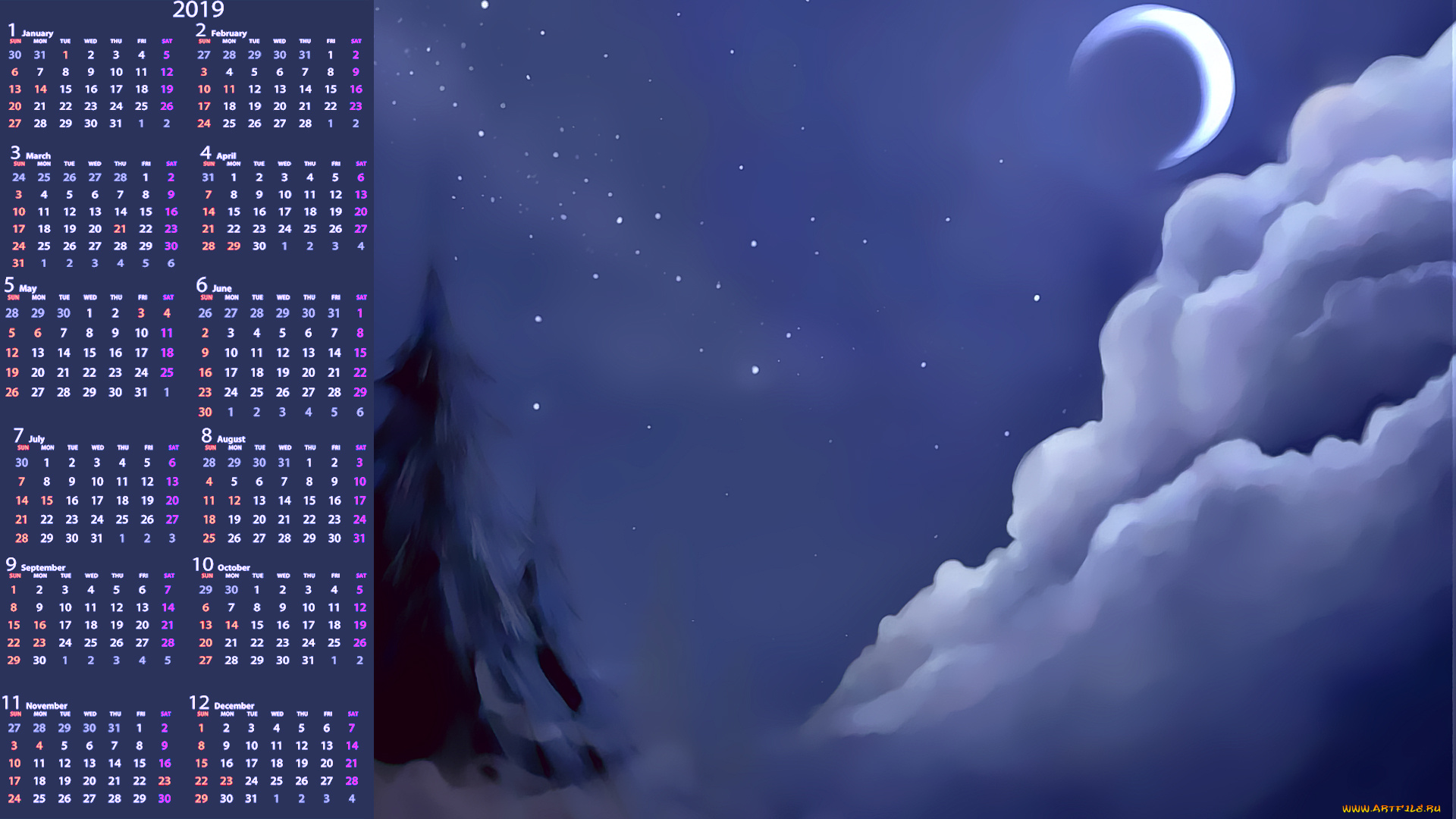 календари, рисованные, , векторная, графика, ночь, облако, месяц