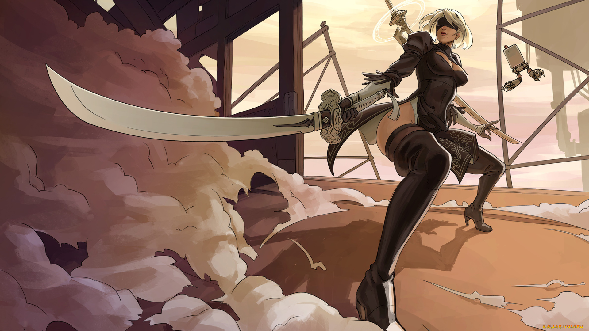 видео, игры, nier, , automata, сабля, маска, фон, девушка