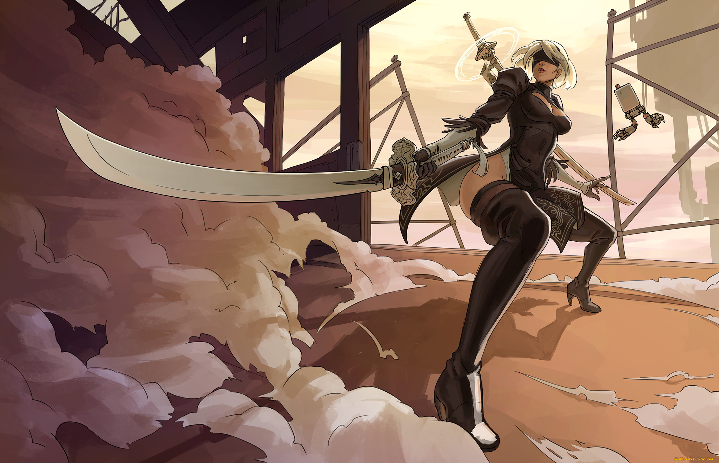 видео, игры, nier, , automata, сабля, маска, фон, девушка