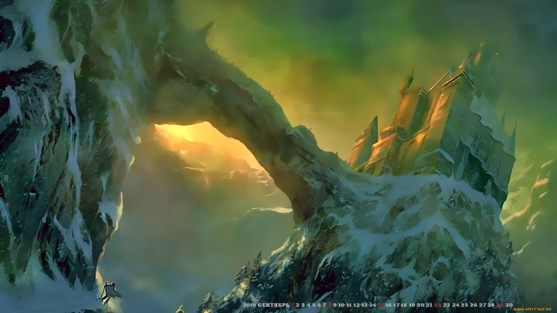 календари, фэнтези, calendar, 2019, снег, замок, мост, гора