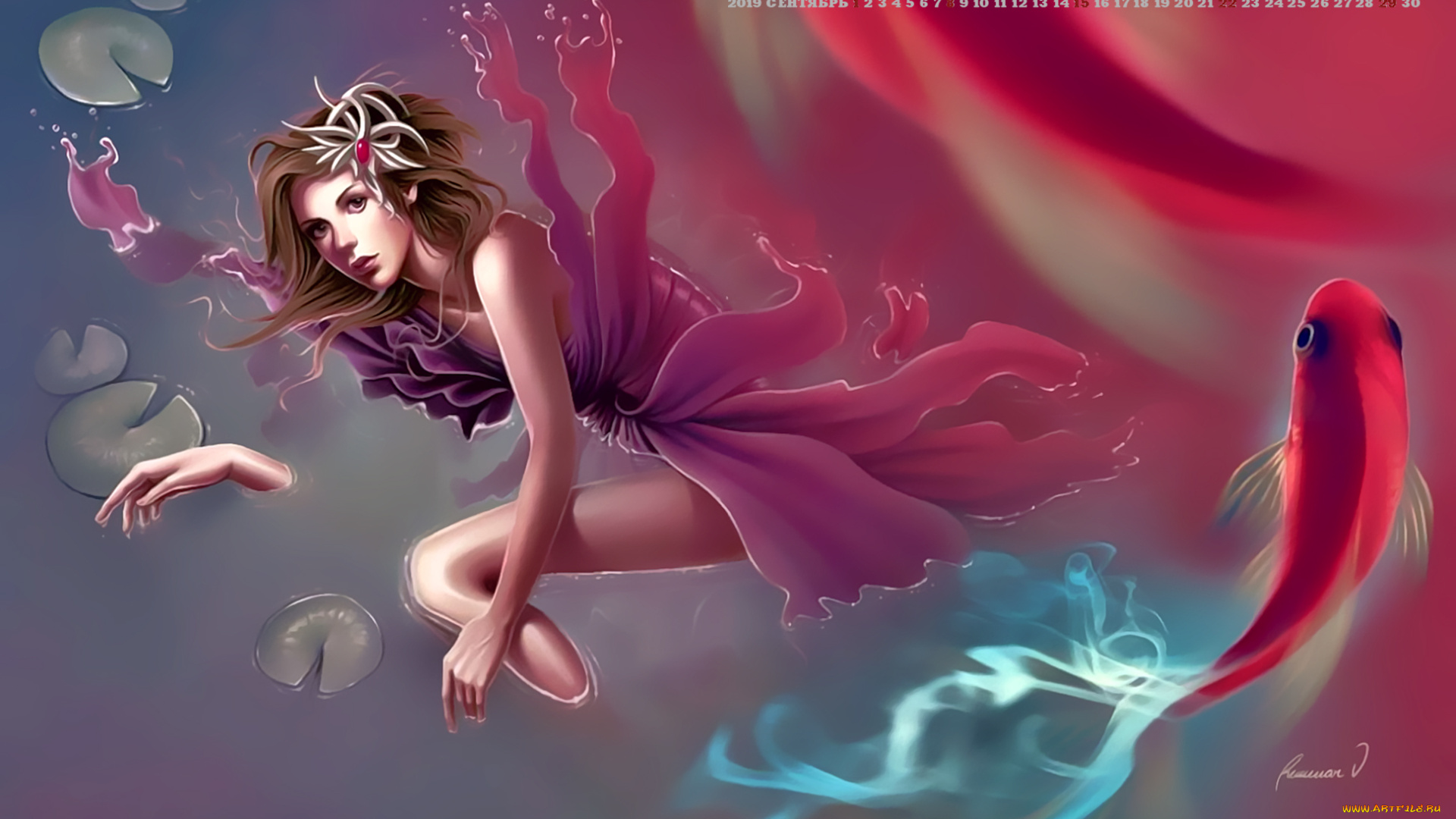 календари, фэнтези, рыба, девушка, calendar, 2019, водоем