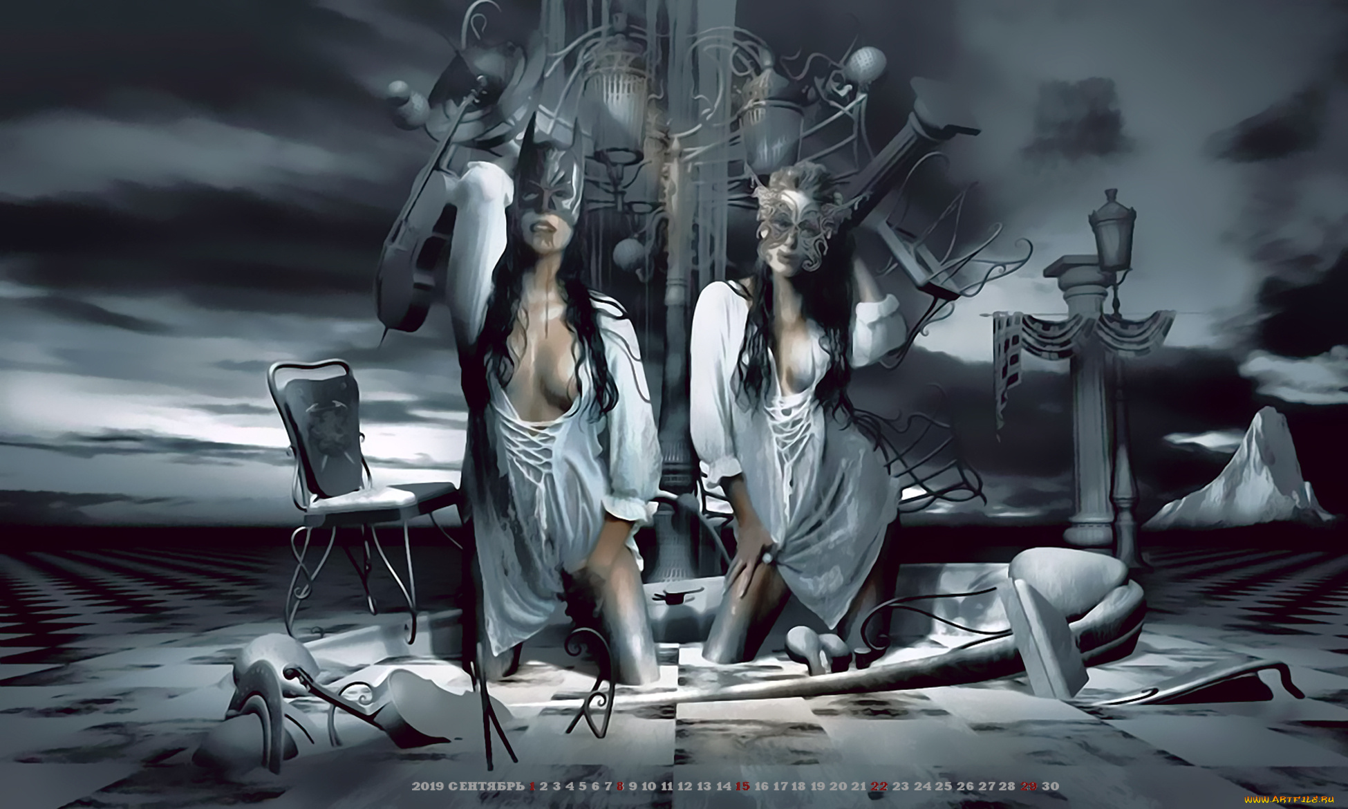 календари, 3д-графика, 2019, calendar, конструкция, двое, девушка, маска