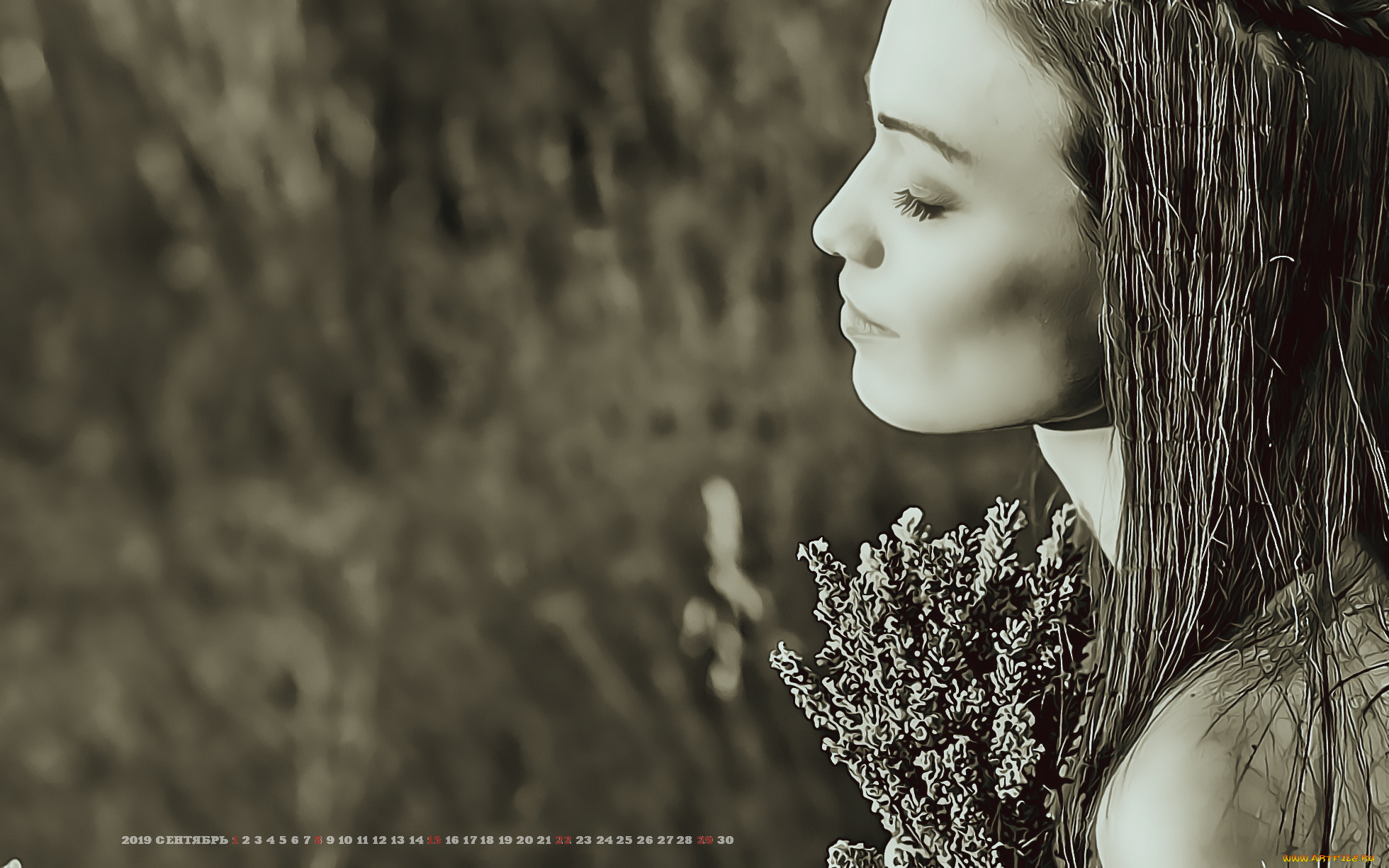 календари, компьютерный, дизайн, девушка, женщина, 2019, calendar, букет, растение, профиль, лицо
