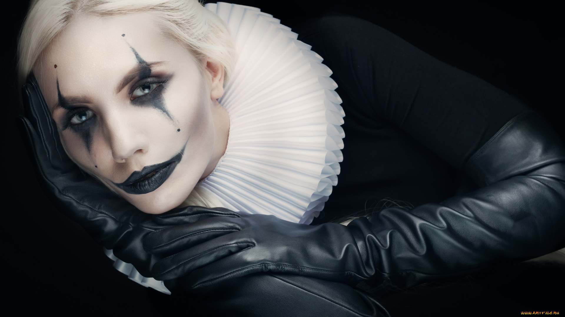 девушки, -, креатив, , косплей, блондинка, лицо, макияж, жабо, перчатки