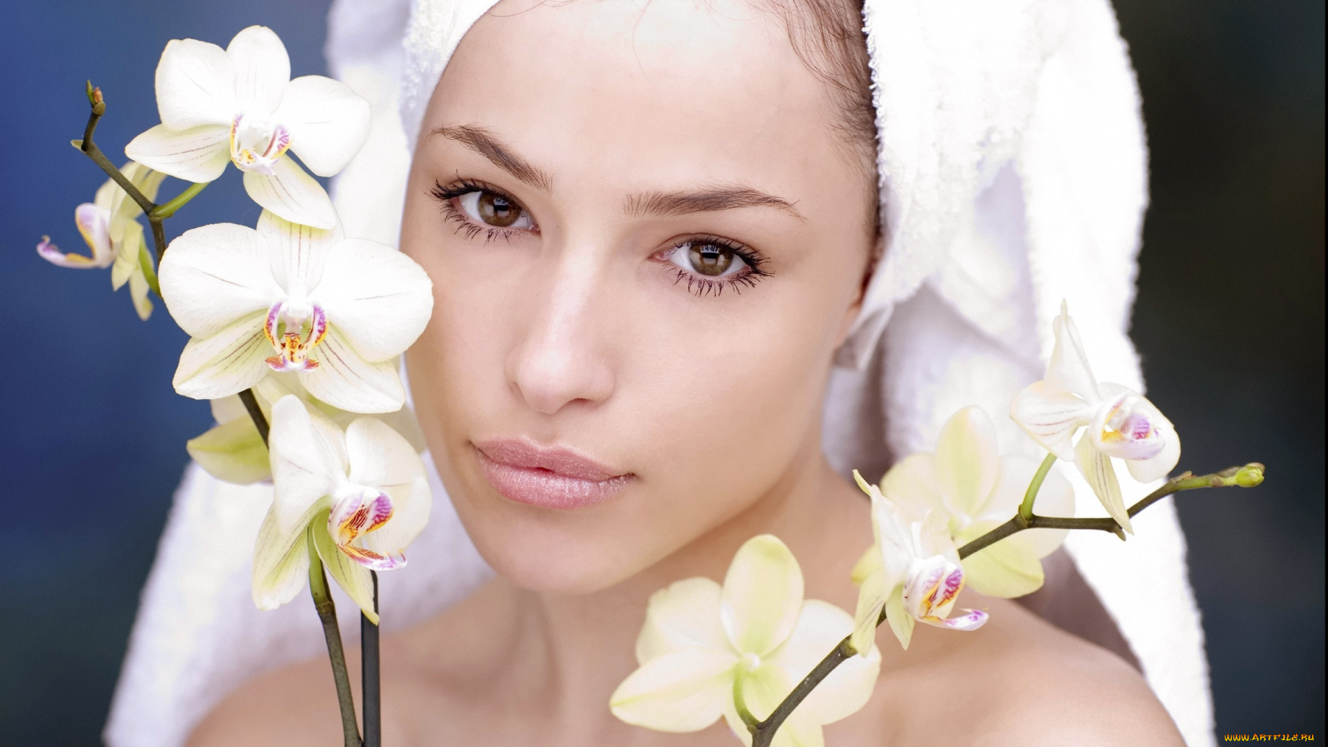 девушки, -, лица, , портреты, лицо, полотенце, орхидеи