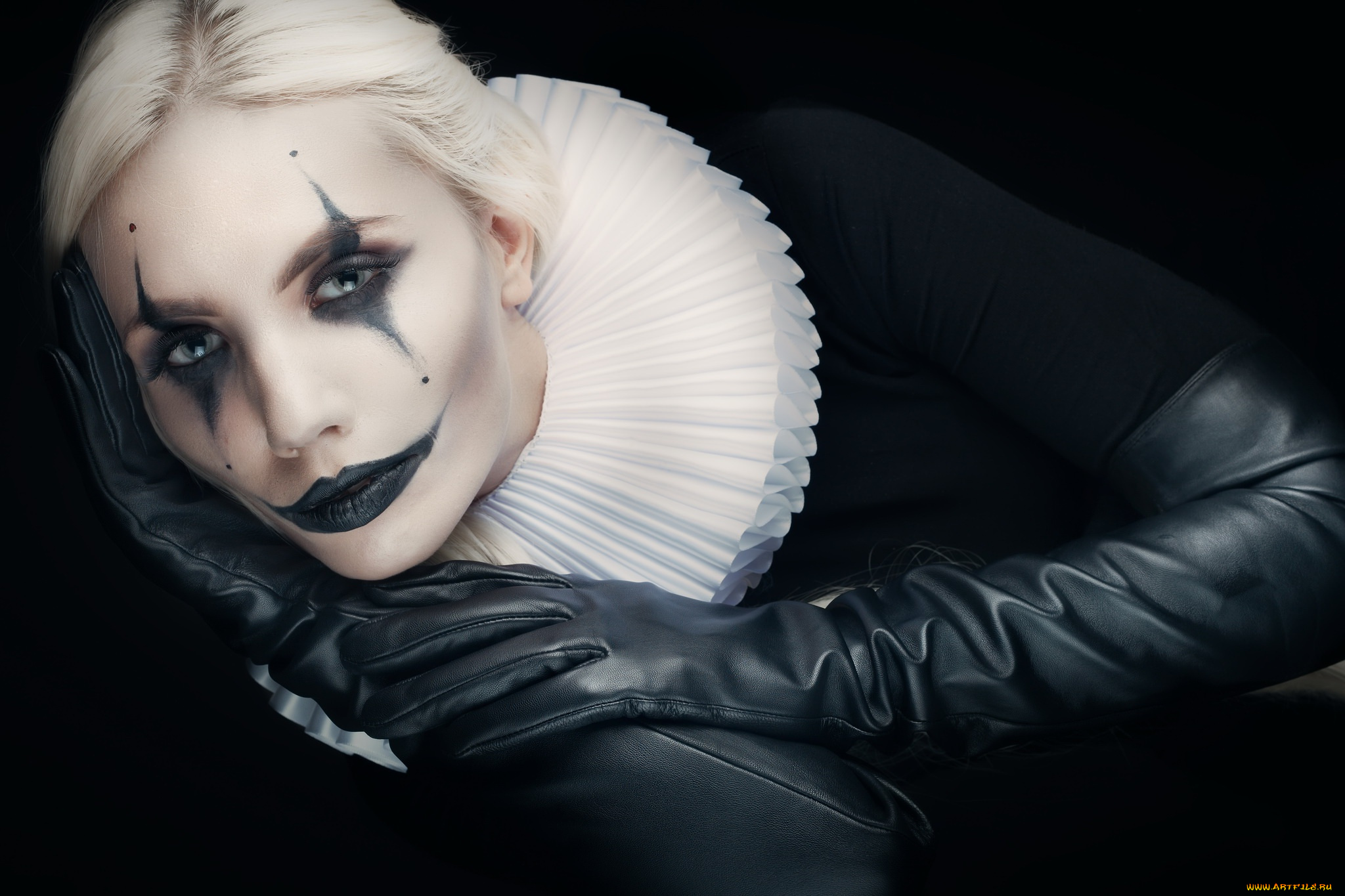 девушки, -, креатив, , косплей, блондинка, лицо, макияж, жабо, перчатки