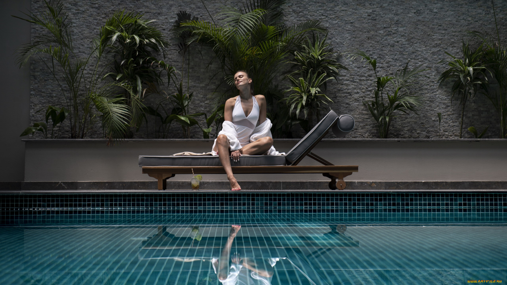 девушки, -, брюнетки, , шатенки, бассейн, брюнетка, поза, отражение