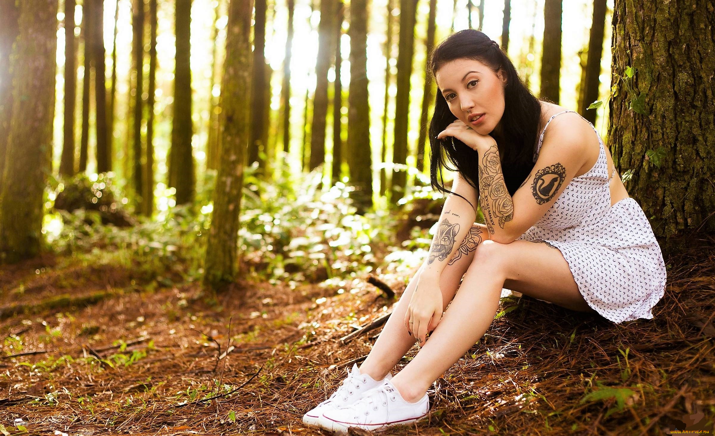 девушки, -, брюнетки, , шатенки, брюнетка, тату, платье, лес