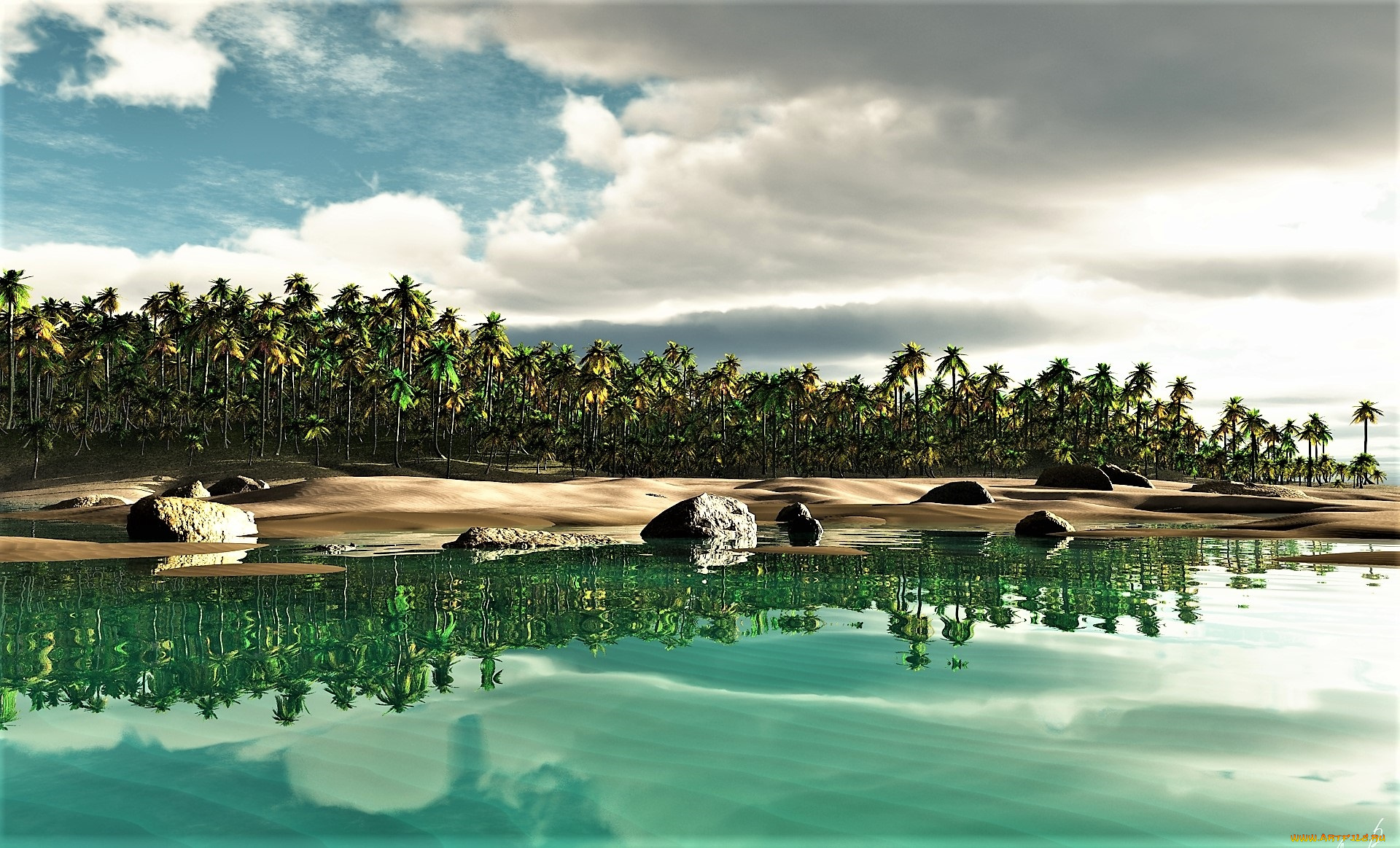 3д, графика, природа, , nature, пальмы, море, остров, камни, облака