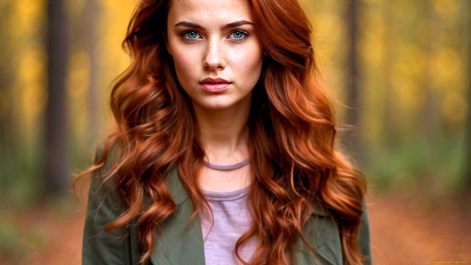 3д, графика, люди, , people, девушка, рыжая, куртка, лицо, лес, осень