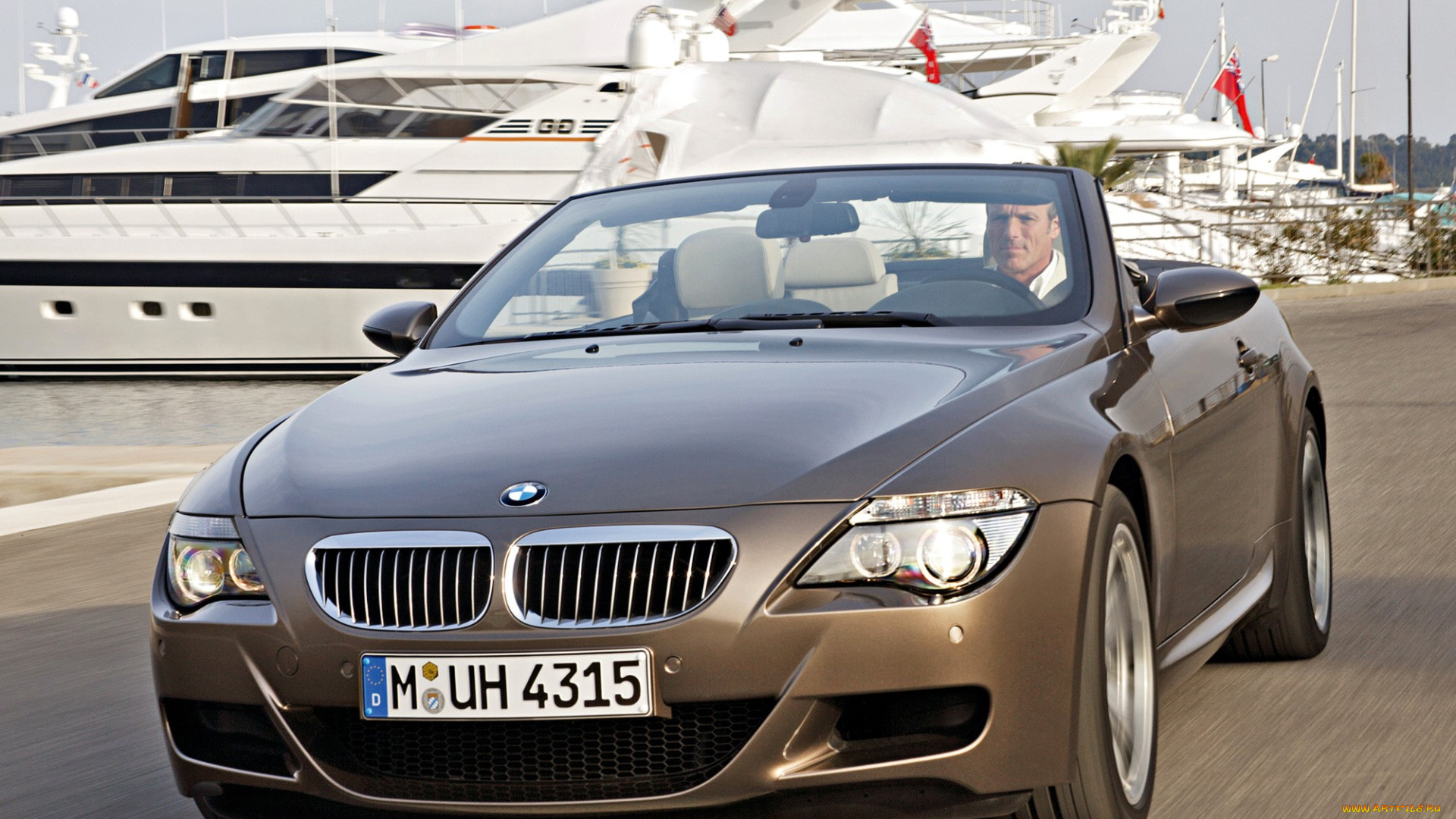 автомобили, bmw, коричневый, кабриолет, скорость, дорога, мужчина, яхта