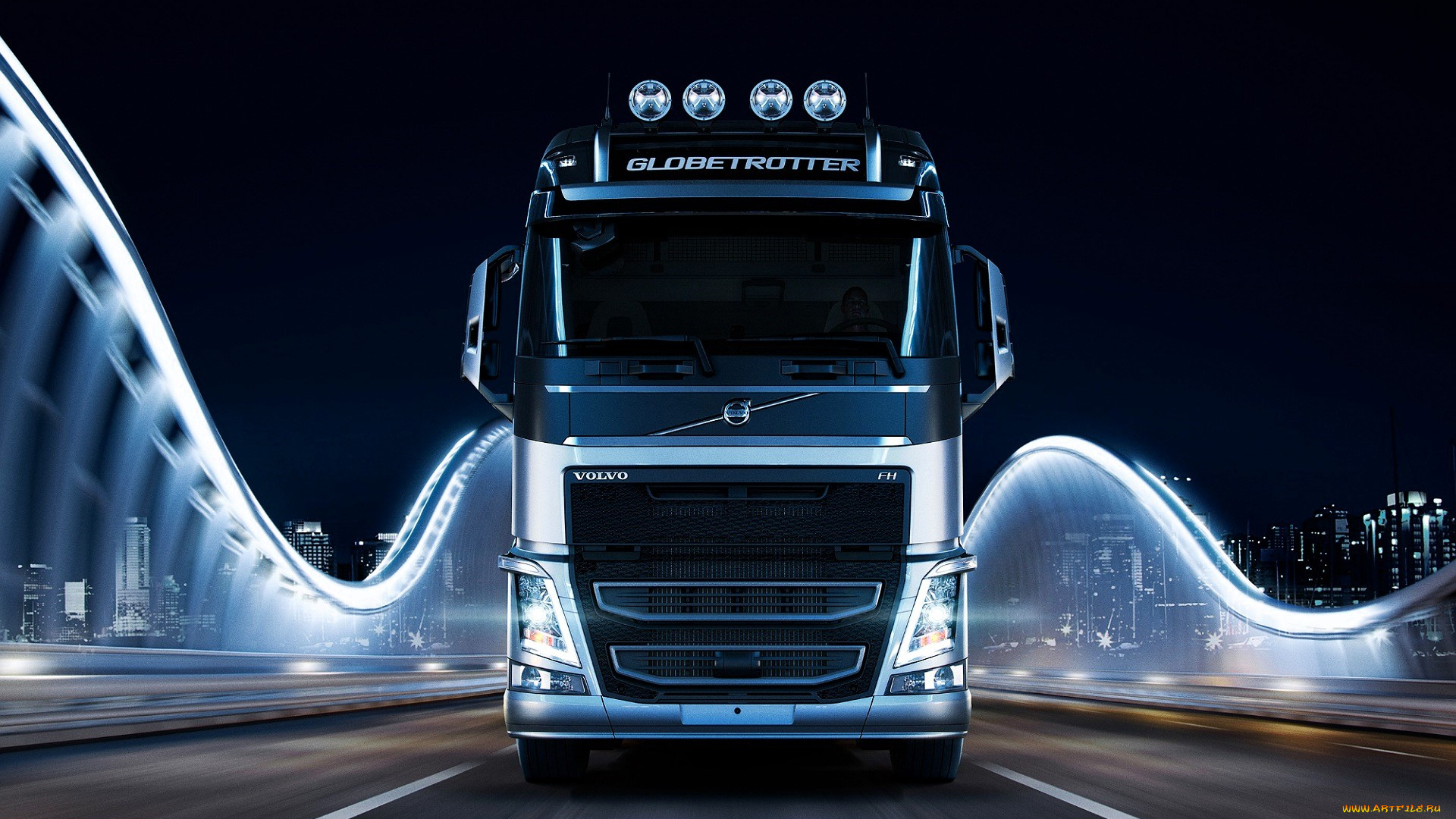 автомобили, volvo, trucks, грузовик, скорость, дорога, мост, огни, город