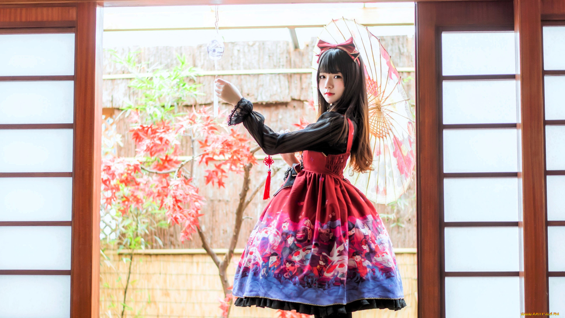 девушки, -, креатив, , косплей, образ, косплей, наряд, костюм, платье, зонт, сад, дом