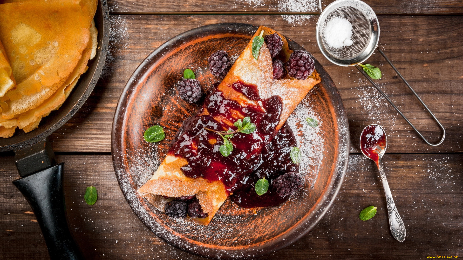 еда, блины, , оладьи, сахар, варенье, ягоды, ежевика