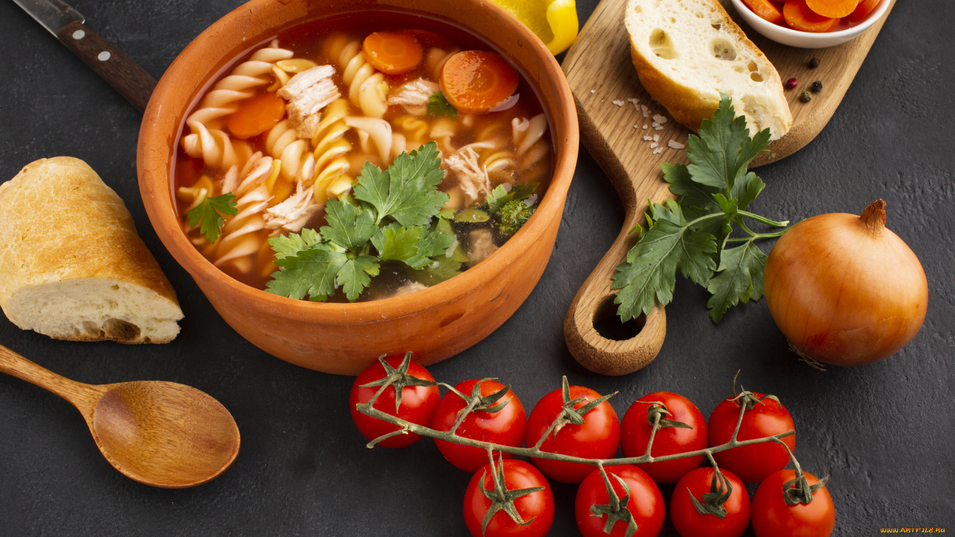 еда, первые, блюда, лук, помидоры, петрушка, суп, макароны