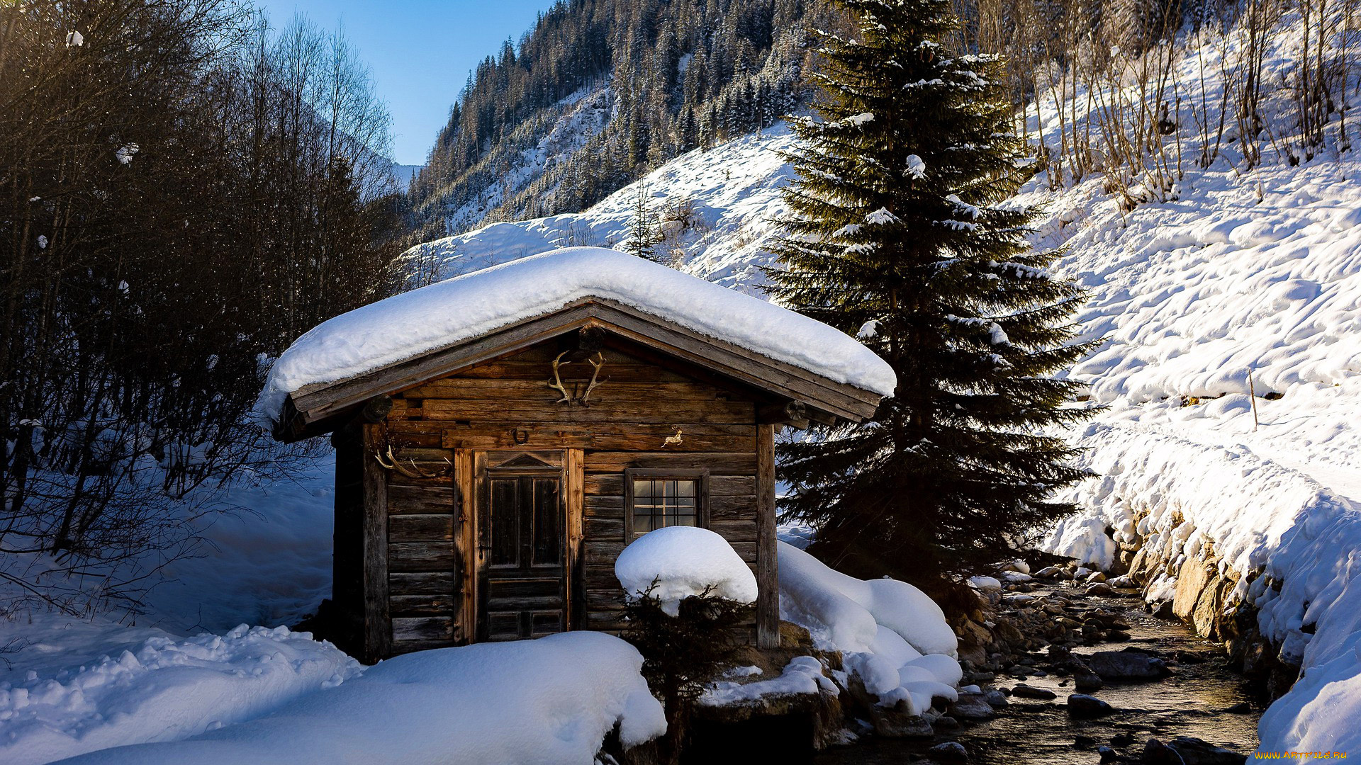 города, -, здания, , дома, горы, лес, избушка, зима, снег