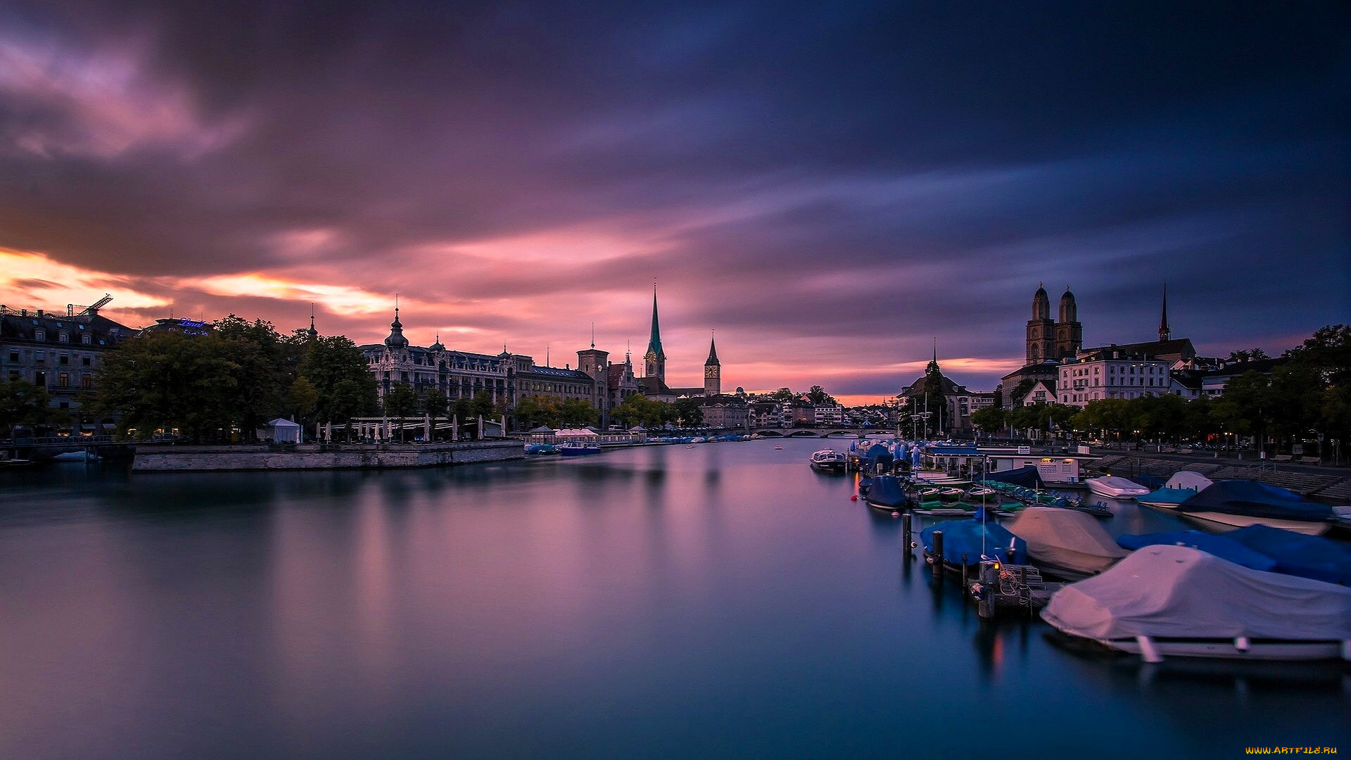 города, цюрих, , швейцария, закат, облака, дома, здания, деревья, река, лодки