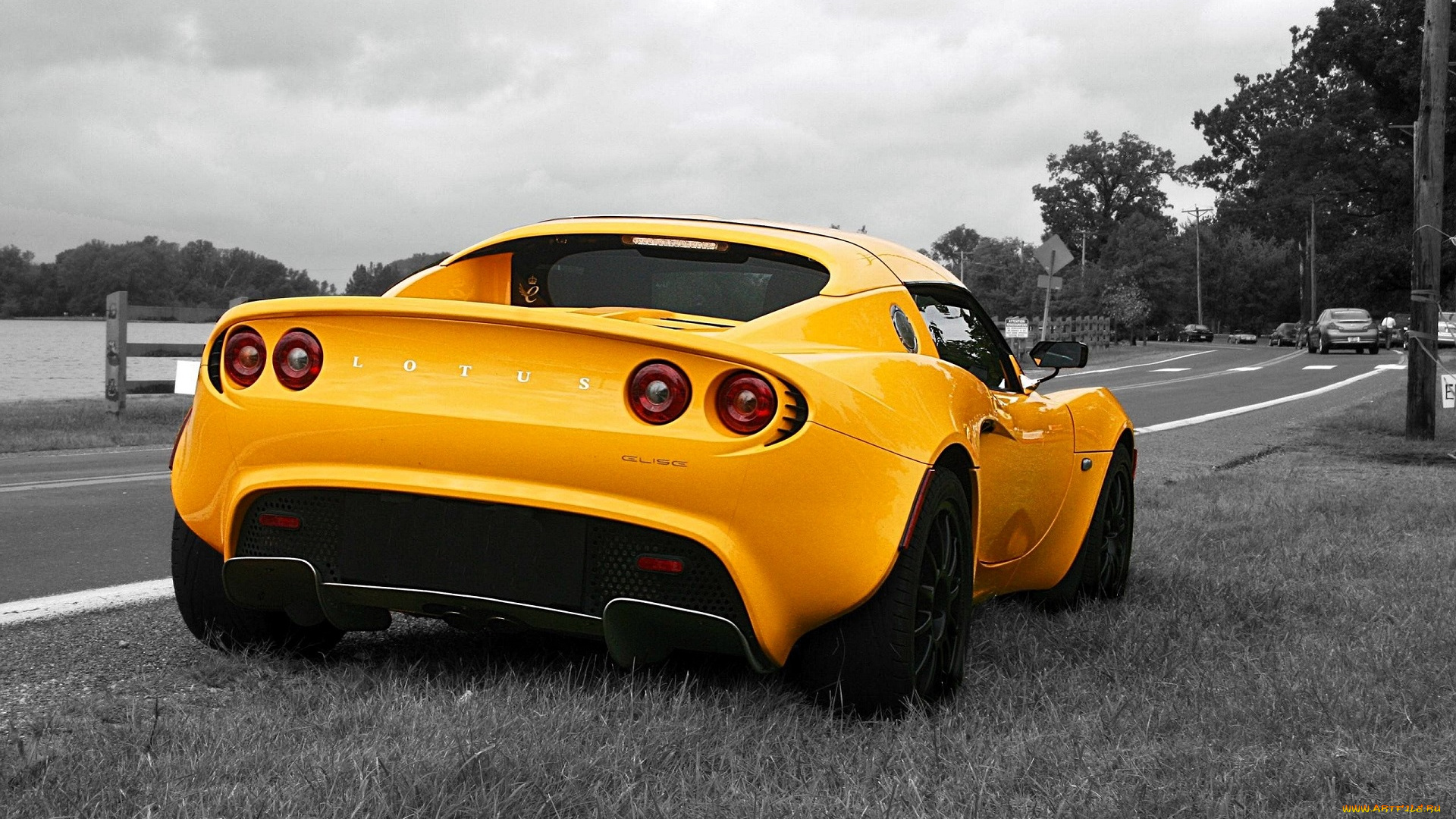 lotus, elise, автомобили, lotus, желтый, трава, дорога, обочина