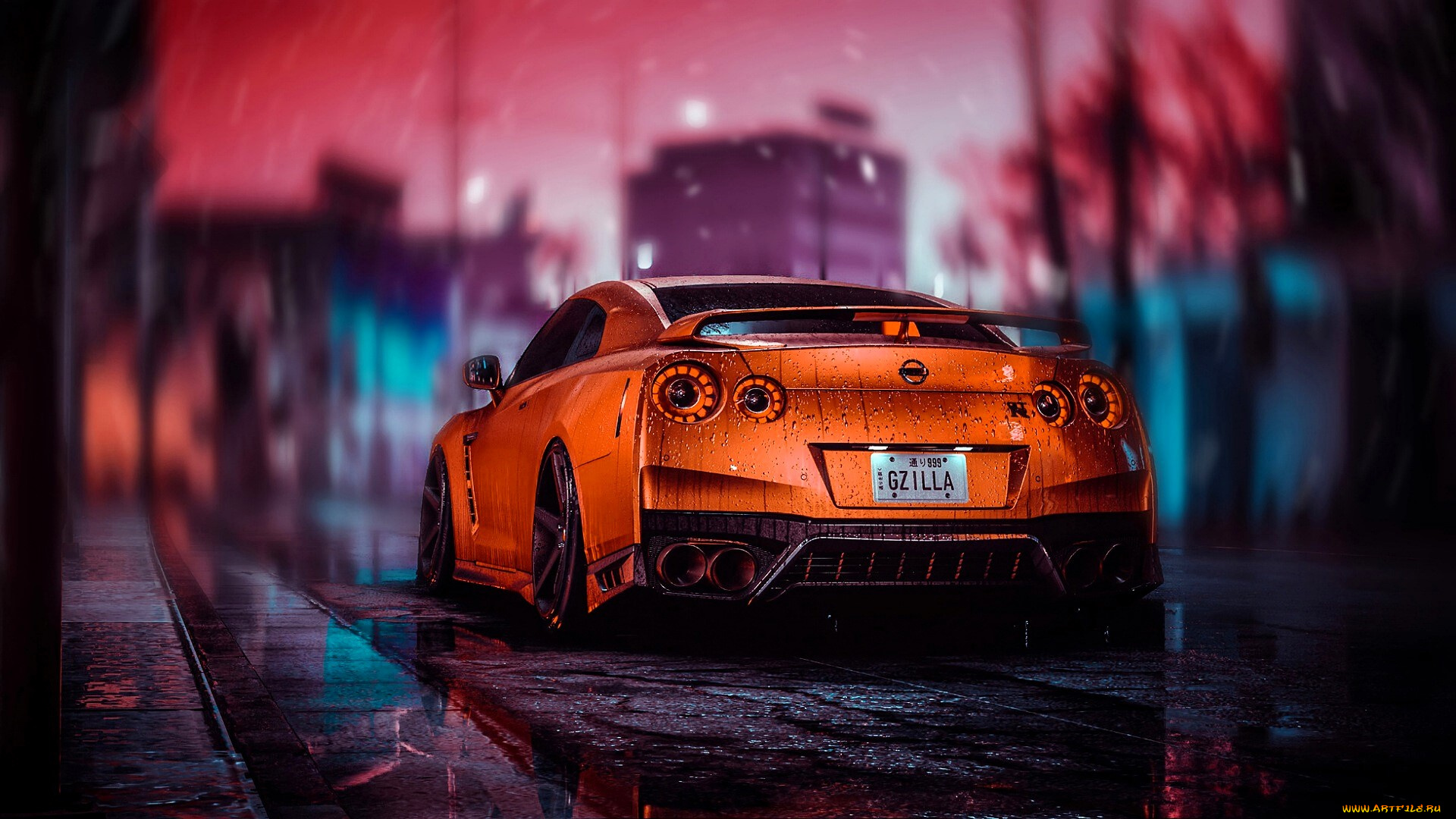 nissan, gt-r, автомобили, nissan, datsun, желтый, лужи, дождь, город, улица