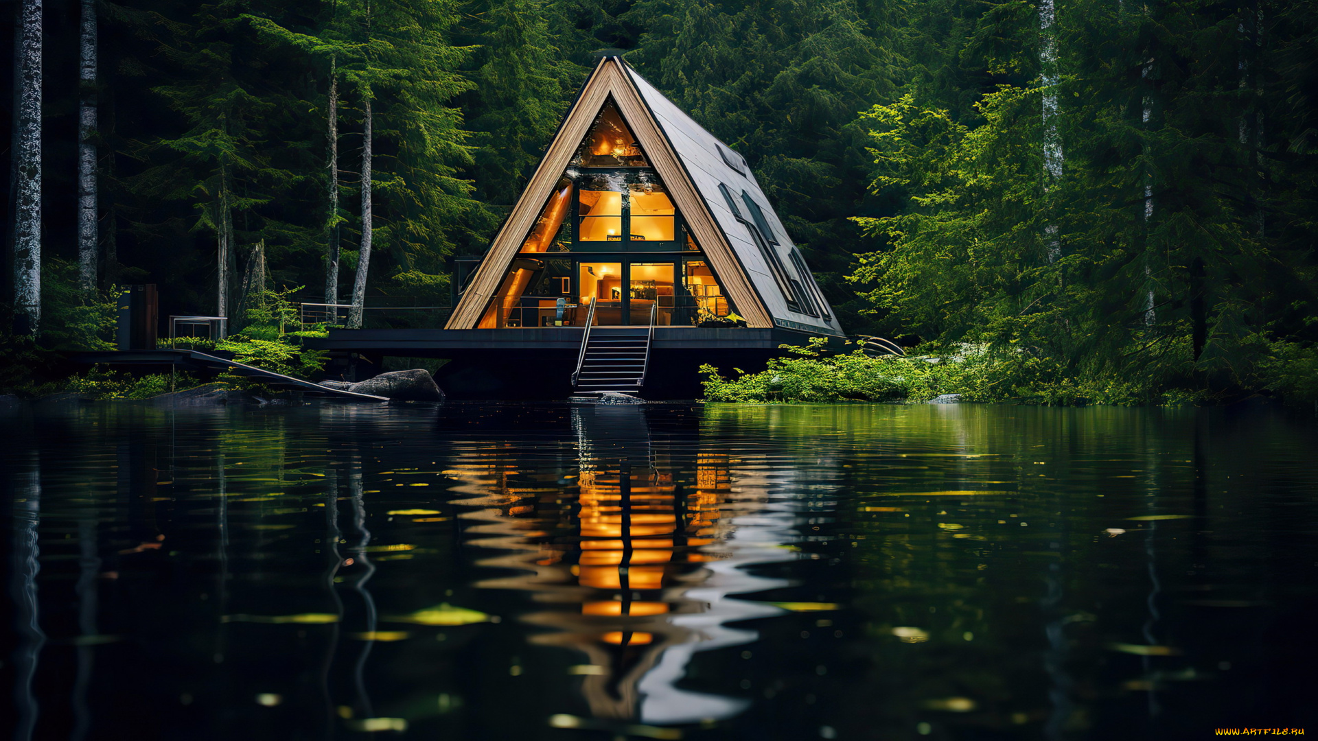 разное, компьютерный, дизайн, лес, озеро, жилой, дом, отражение, вечер