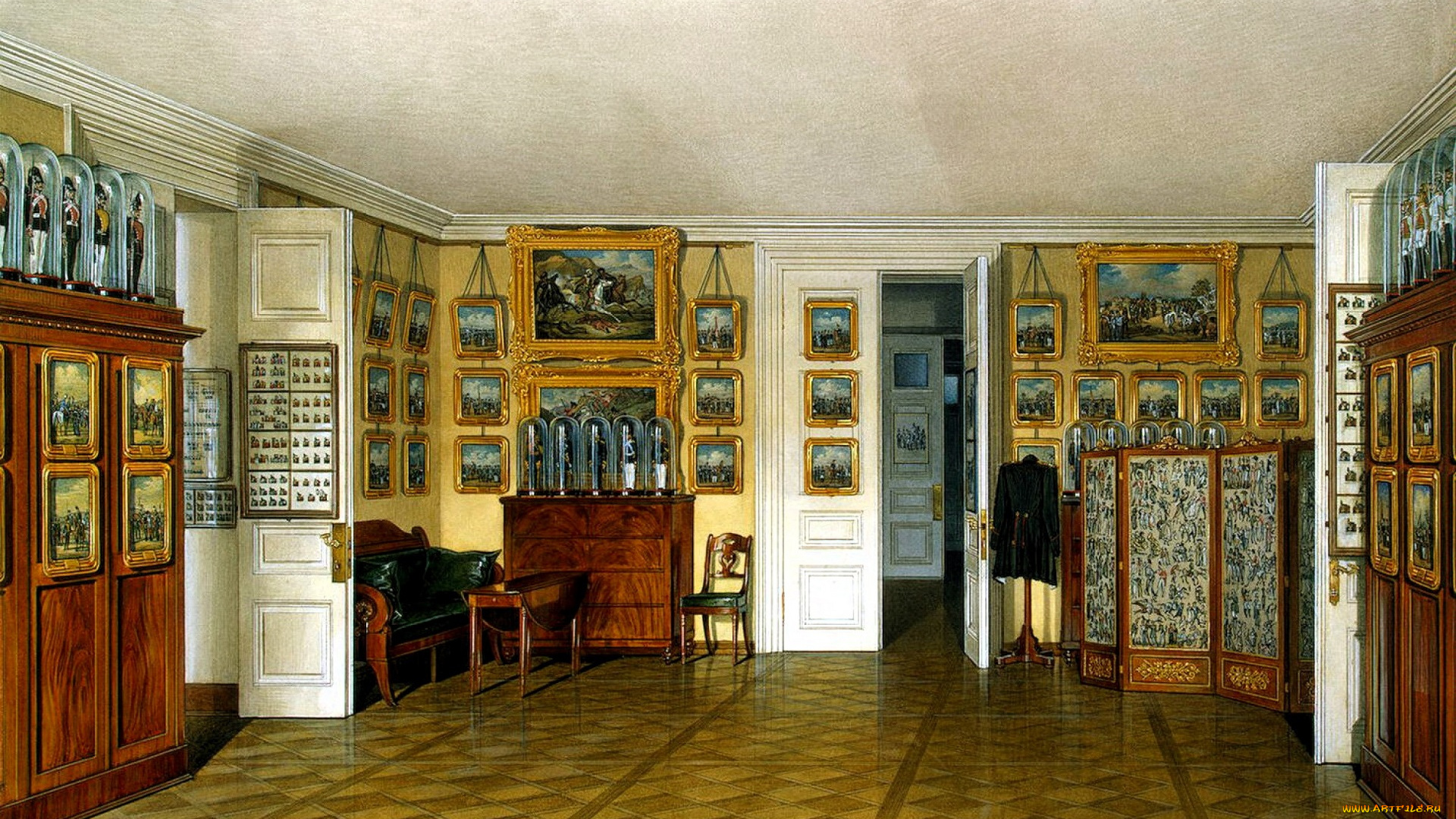 рисованное, эдуард, гау, дворец, интерьер, зал, линолеум, двери, ширма, картины