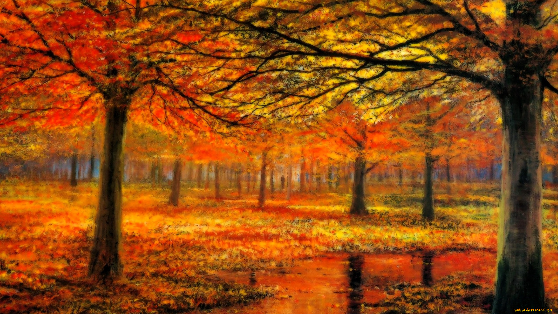 рисованное, живопись, осень, деревья, листья, лужи