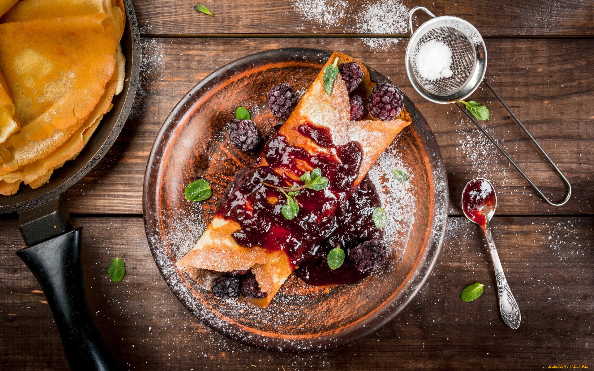 еда, блины, , оладьи, сахар, варенье, ягоды, ежевика