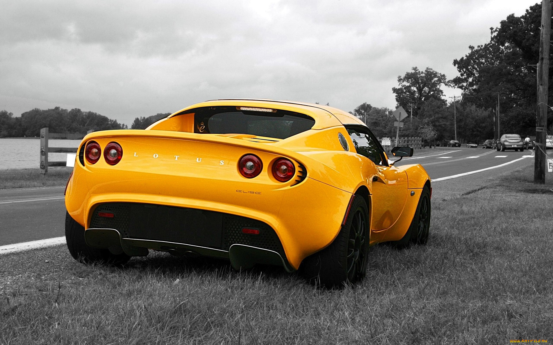 lotus, elise, автомобили, lotus, желтый, трава, дорога, обочина