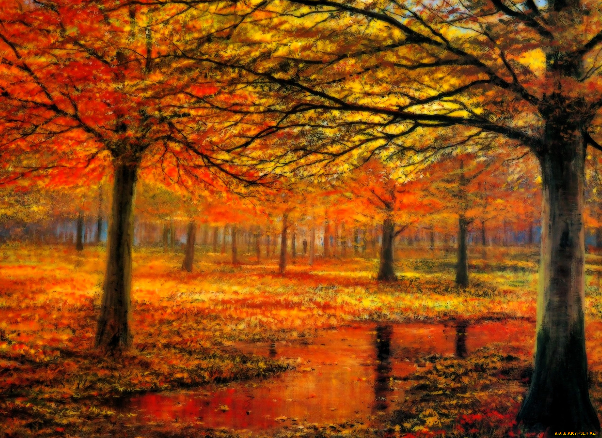 рисованное, живопись, осень, деревья, листья, лужи