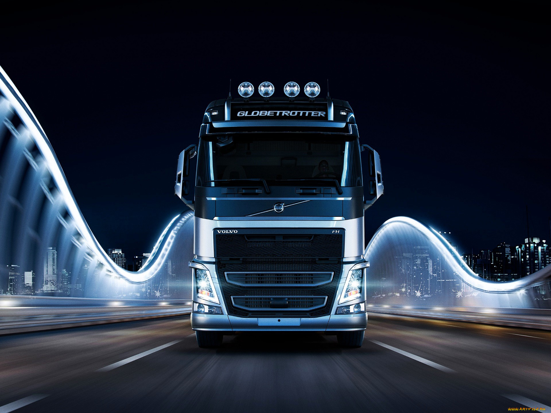 автомобили, volvo, trucks, грузовик, скорость, дорога, мост, огни, город