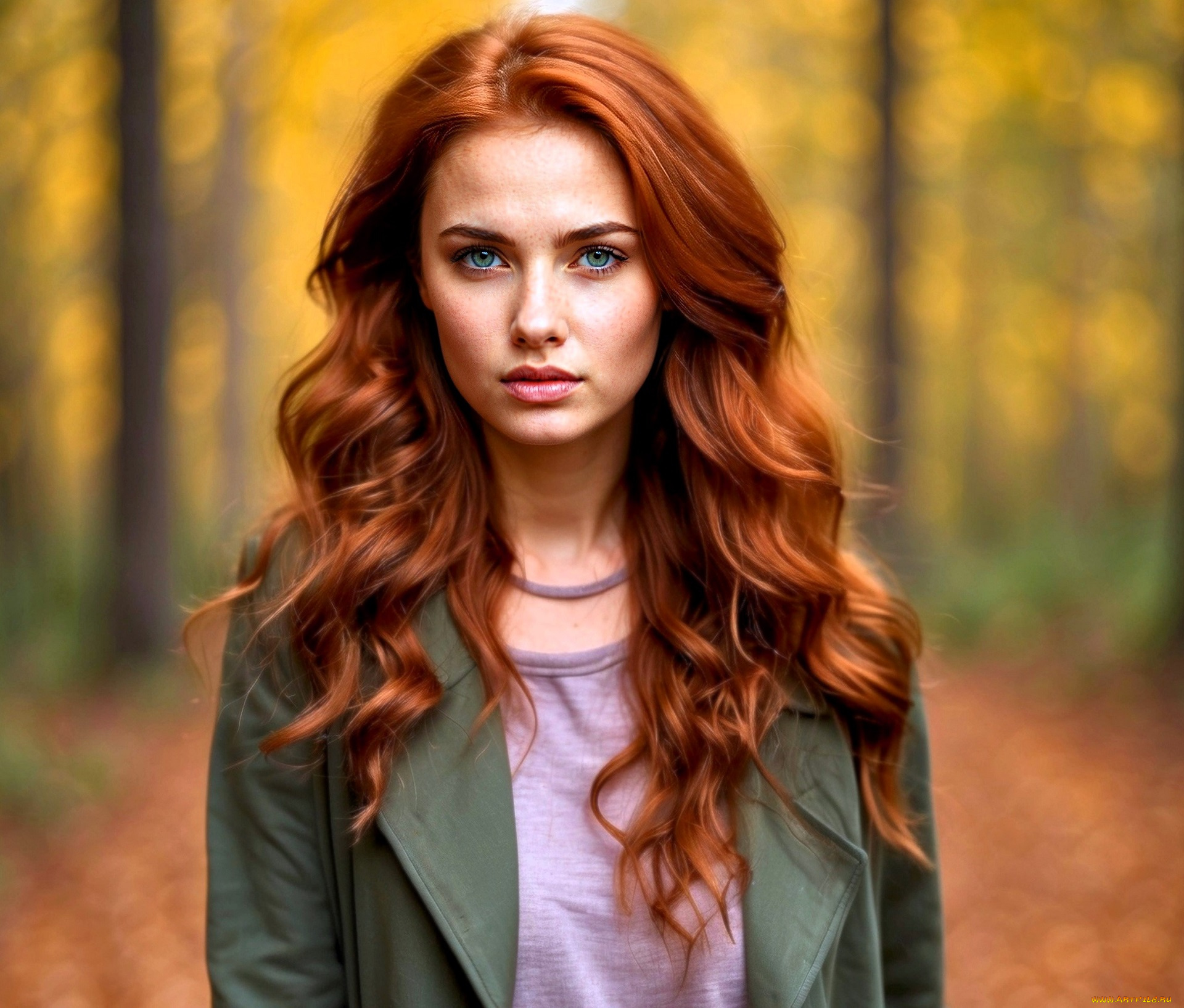 3д, графика, люди, , people, девушка, рыжая, куртка, лицо, лес, осень