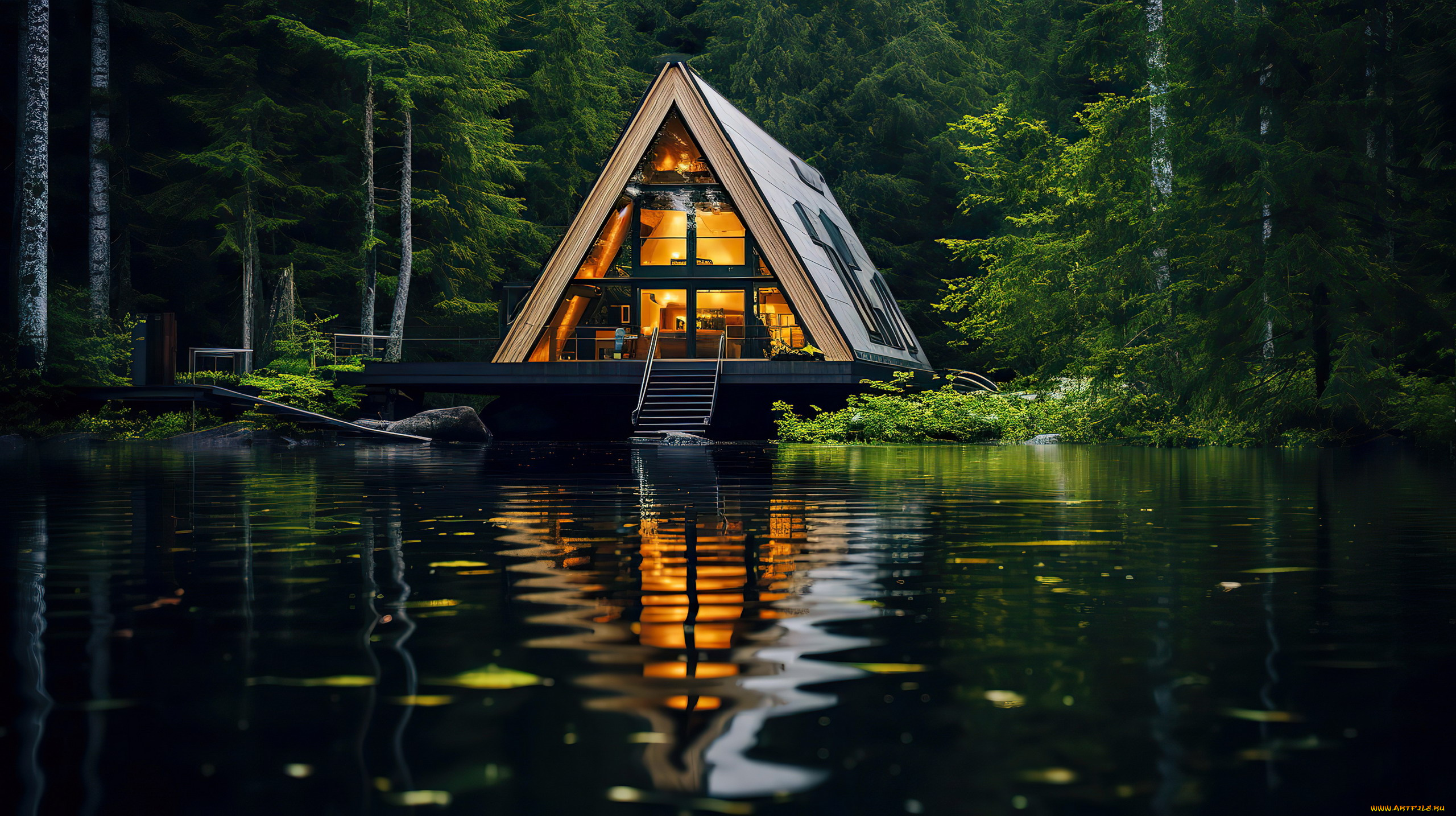 разное, компьютерный, дизайн, лес, озеро, жилой, дом, отражение, вечер