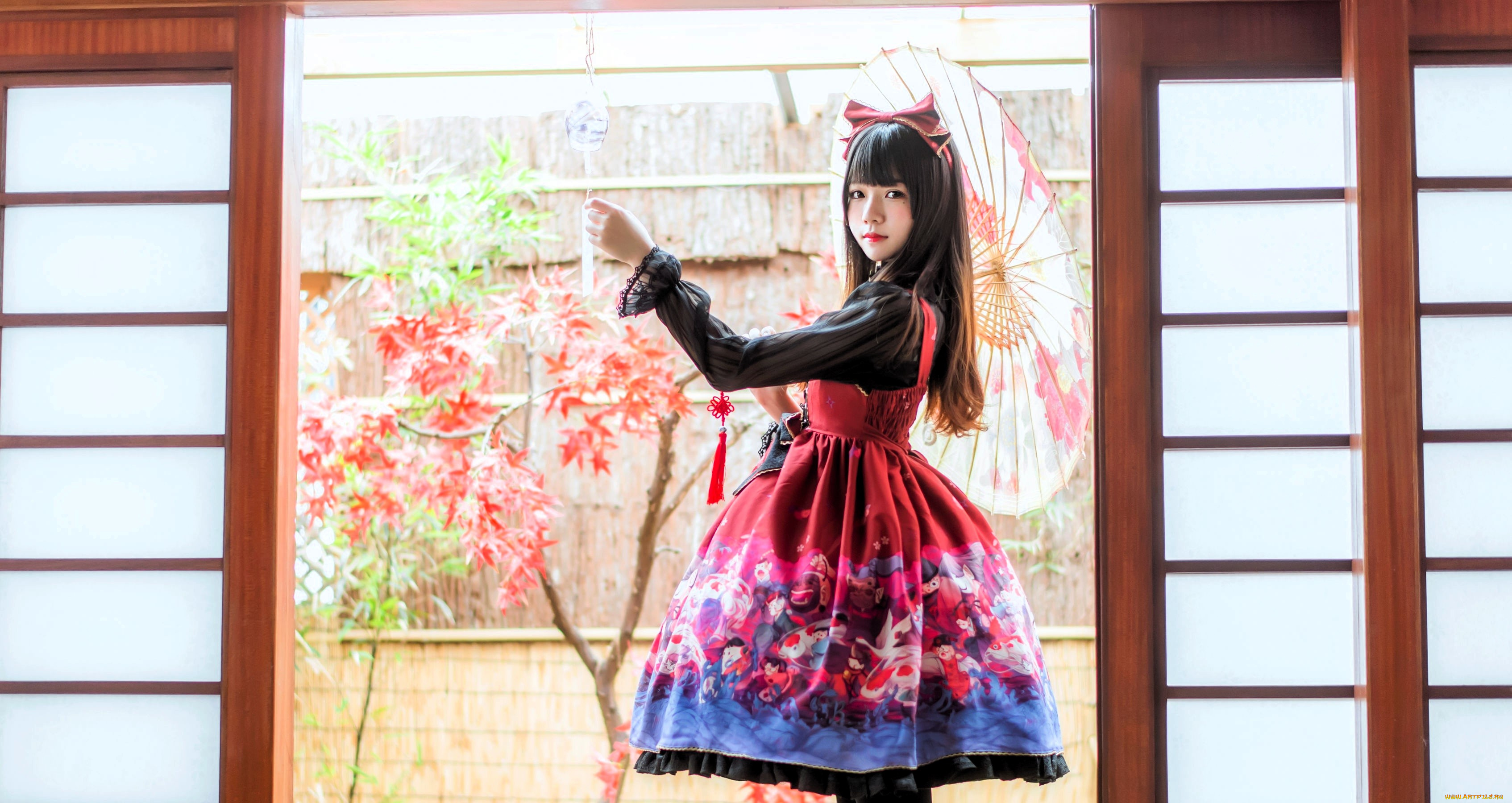 девушки, -, креатив, , косплей, образ, косплей, наряд, костюм, платье, зонт, сад, дом