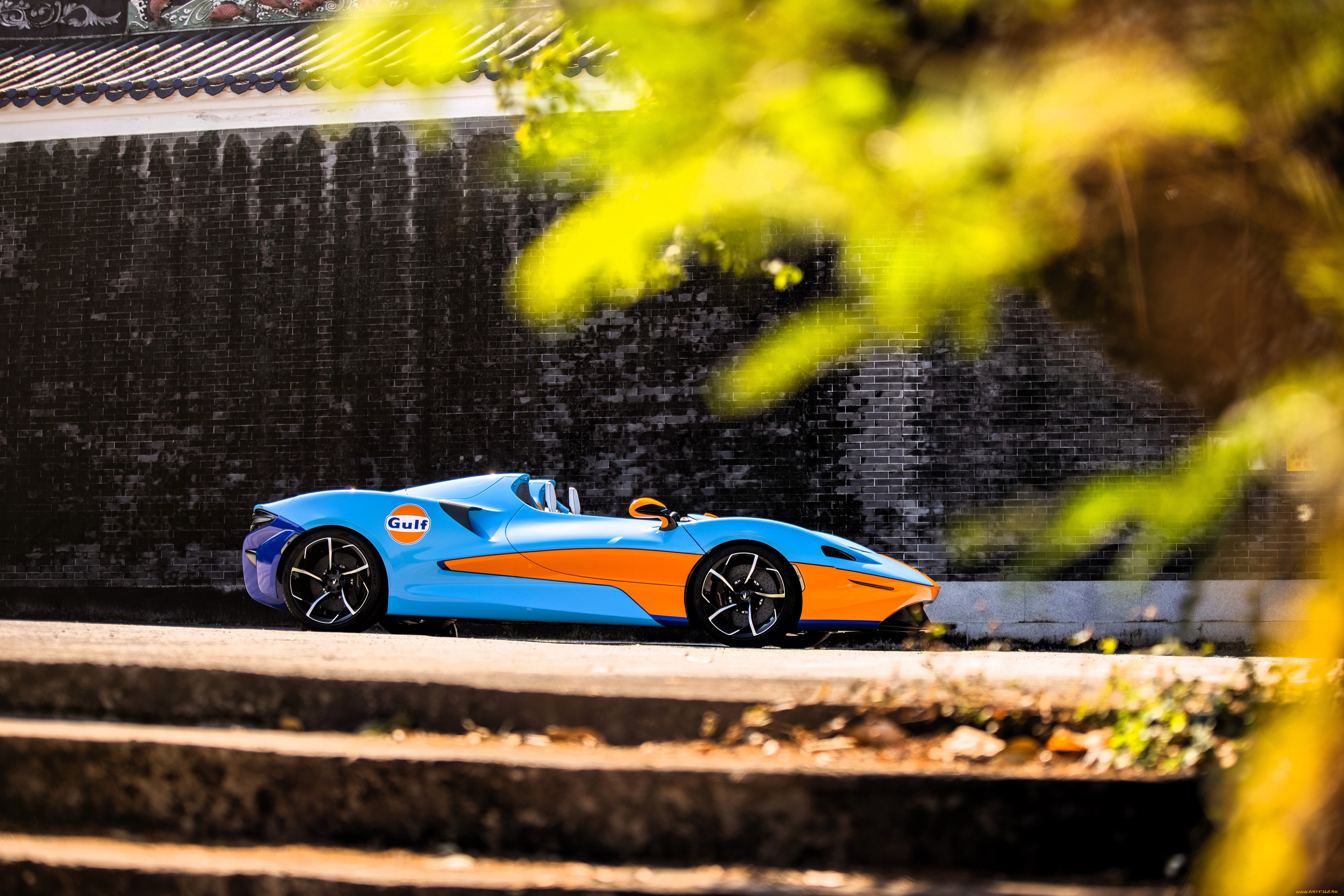 автомобили, mclaren, голубой, стена, ступени, ветки
