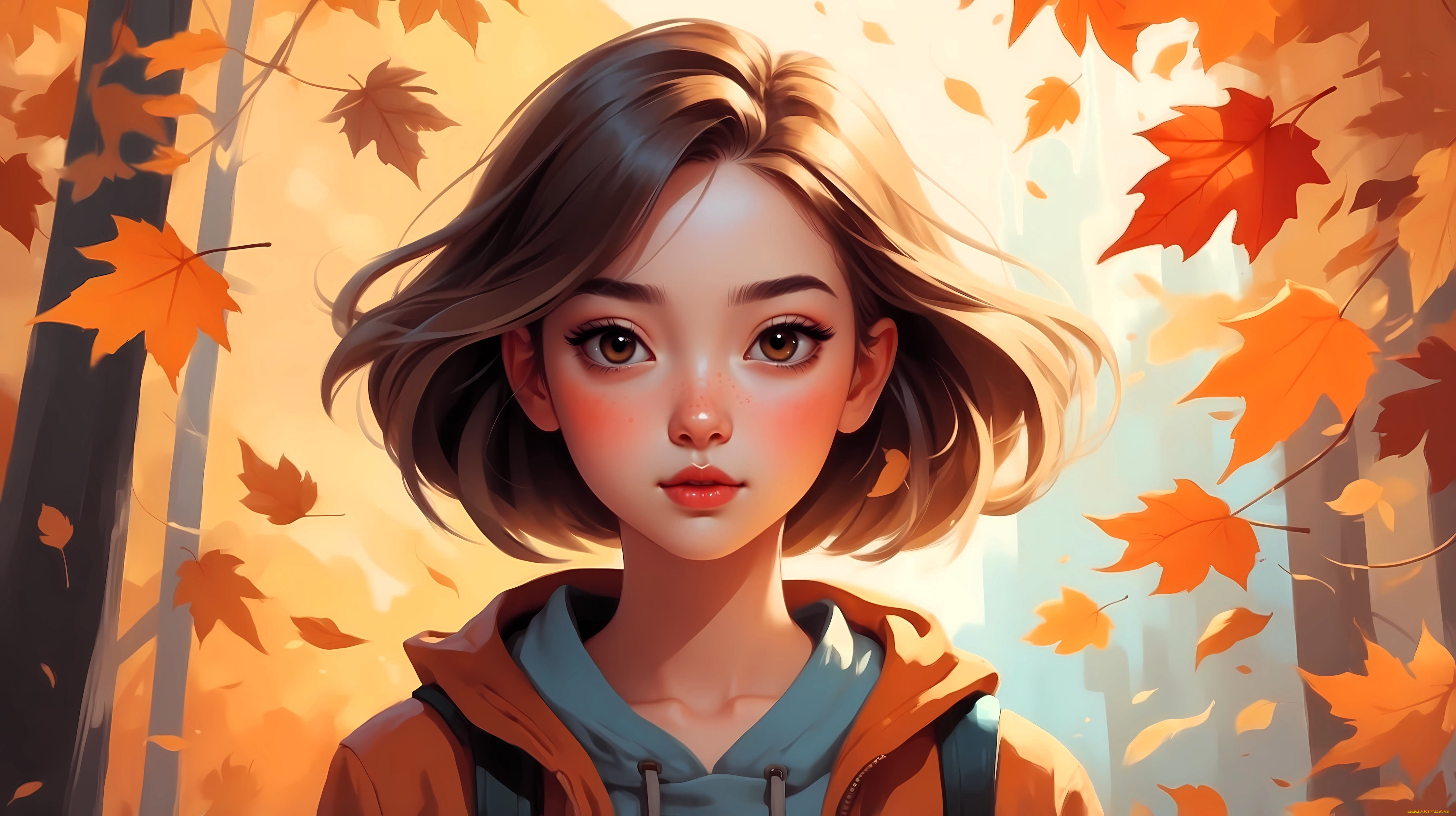 рисованное, дети, девочка, лицо, куртка, осень, листья, деревья