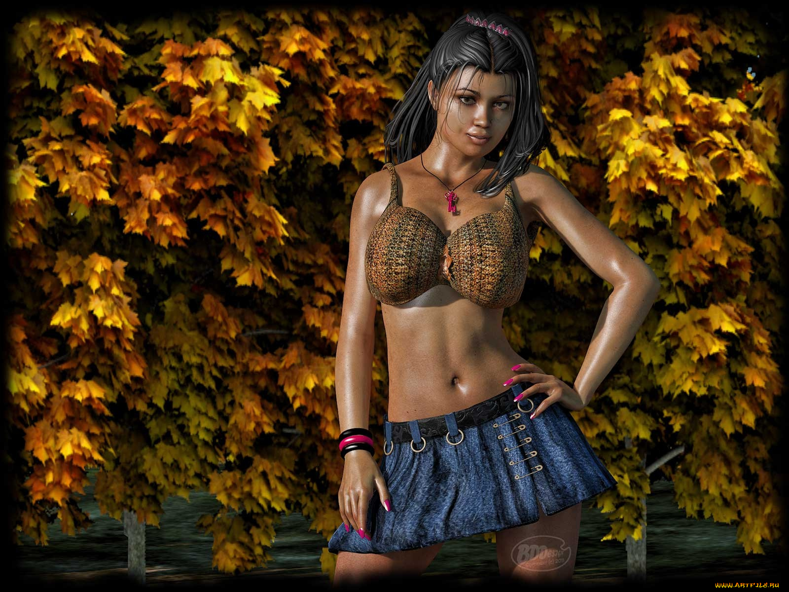 3д, графика, people, люди, девушка, листья