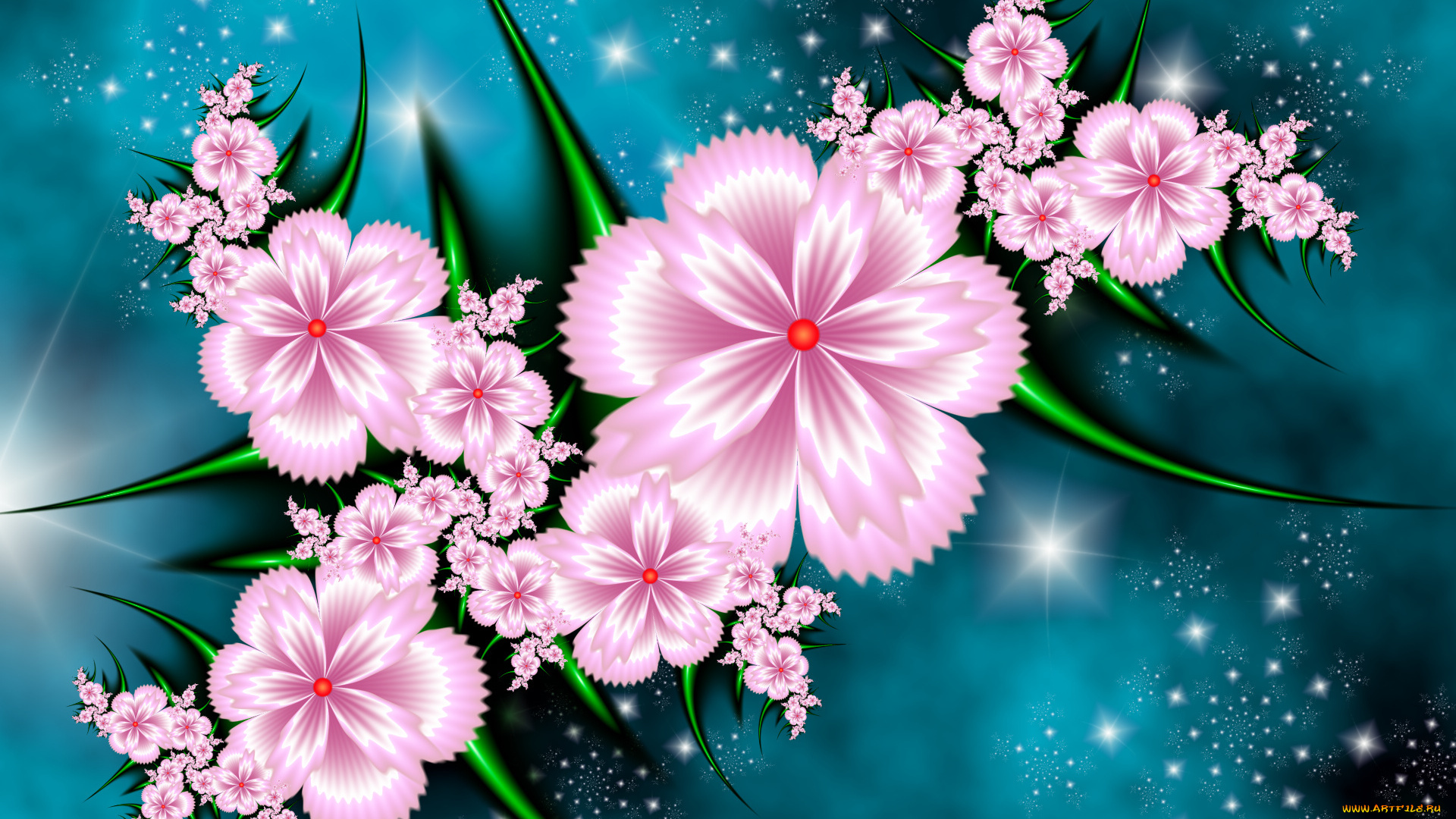 3д, графика, flowers, цветы, фон, листья