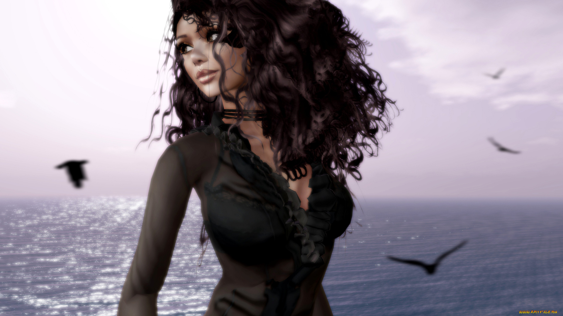 3д, графика, people, люди, волосы, птицы, девушка, брюнетка