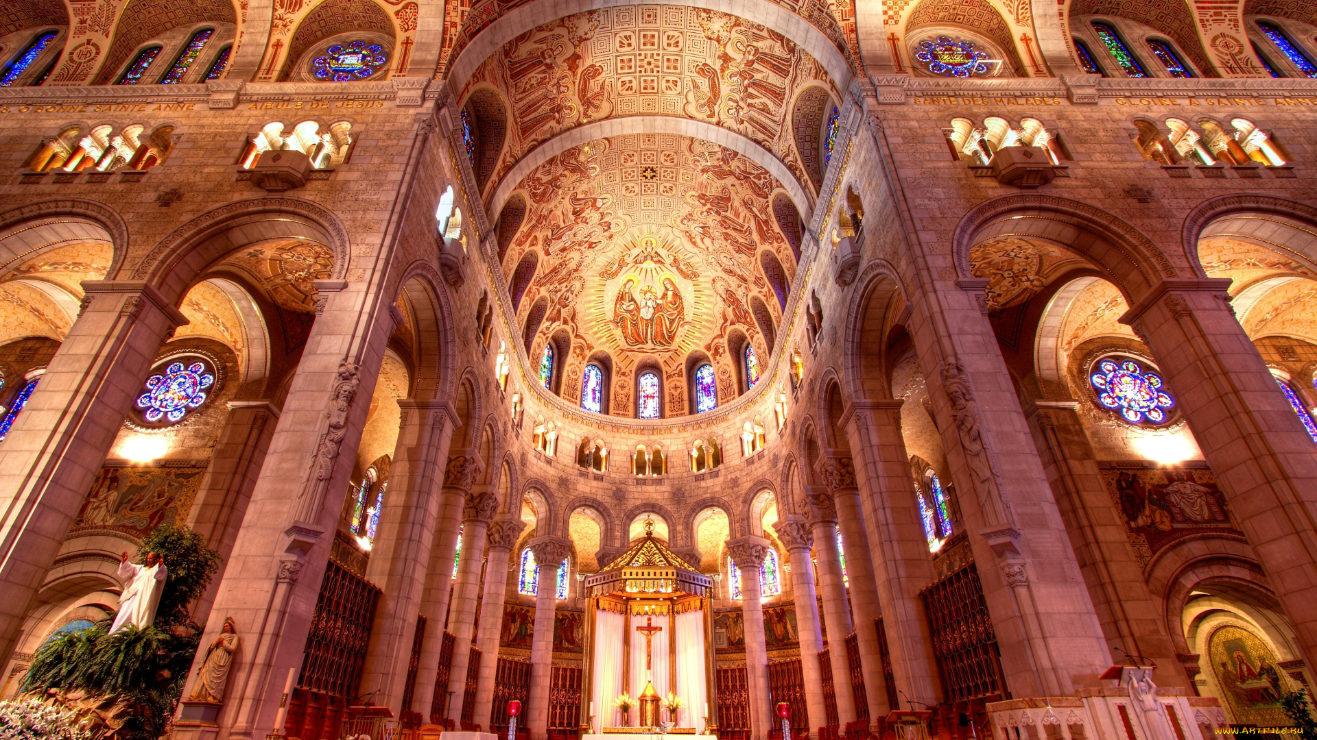 базилика, сент, анн, де, бопре, франция, интерьер, убранство, роспись, храма, витражи, распятие, колонны, статуи, арки