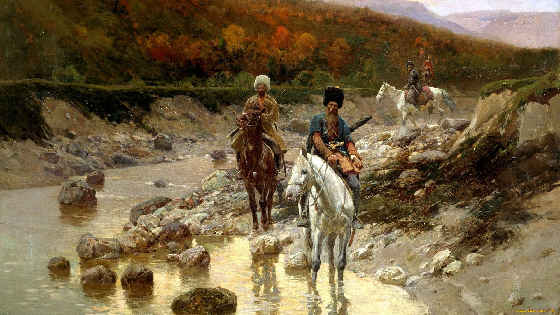 франц, рубо, казаки, горной, речки, рисованные