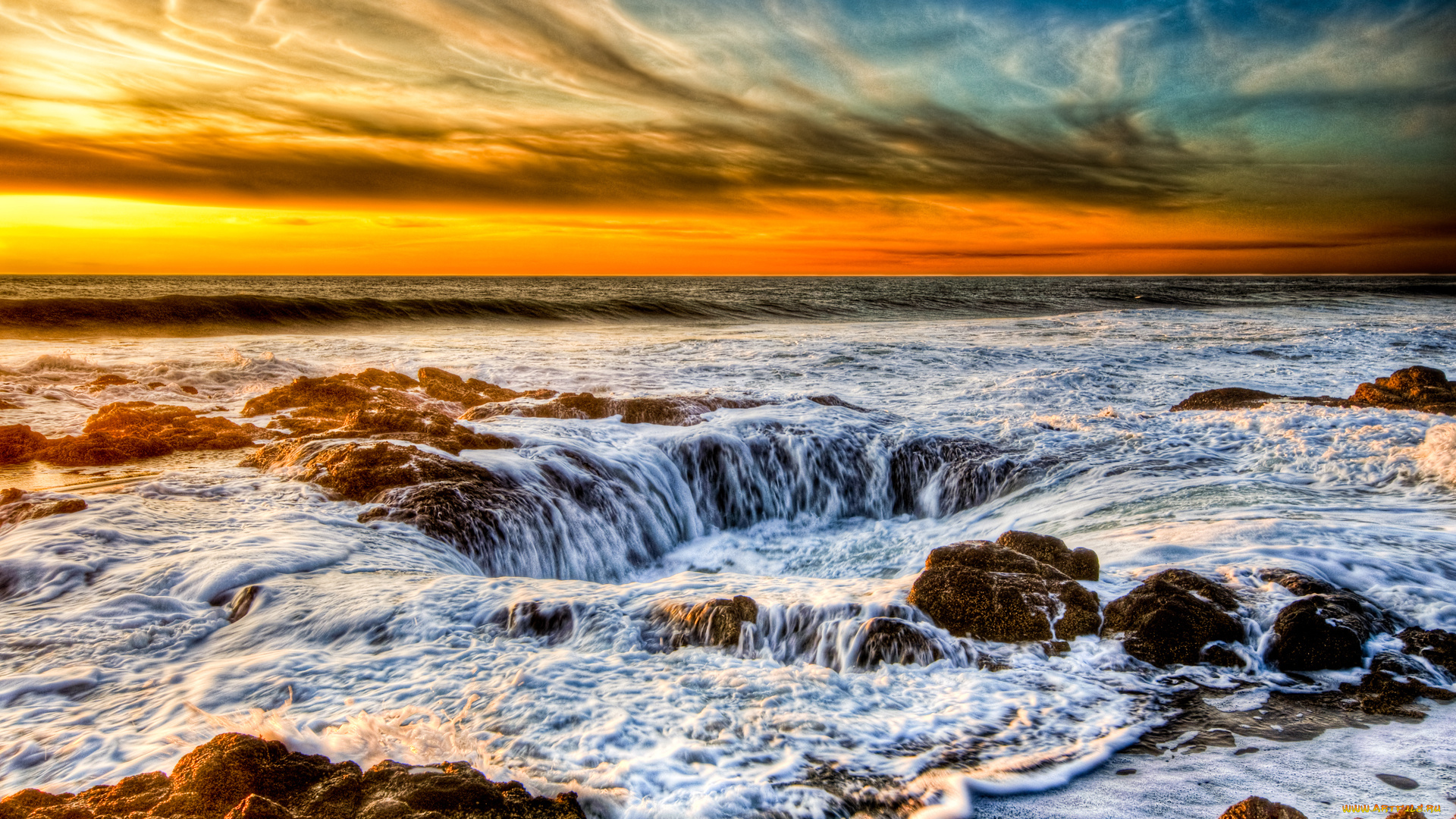 природа, моря, океаны, прибой, закат, камни