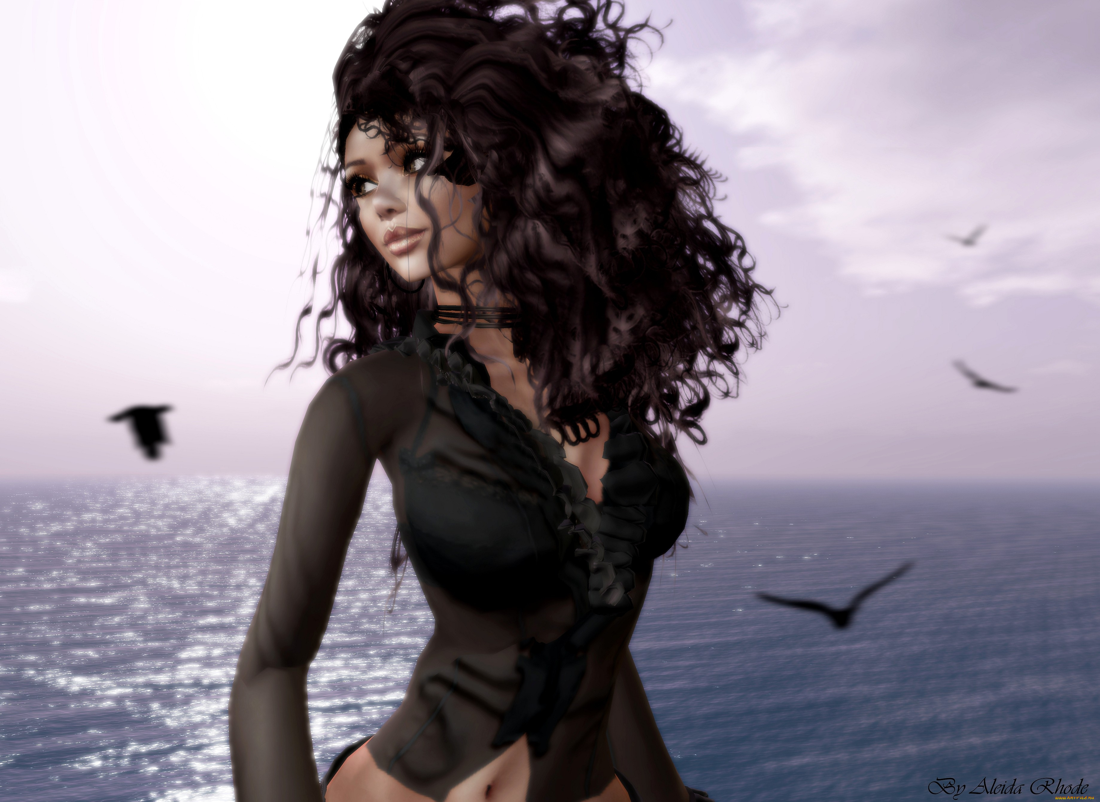 3д, графика, people, люди, волосы, птицы, девушка, брюнетка