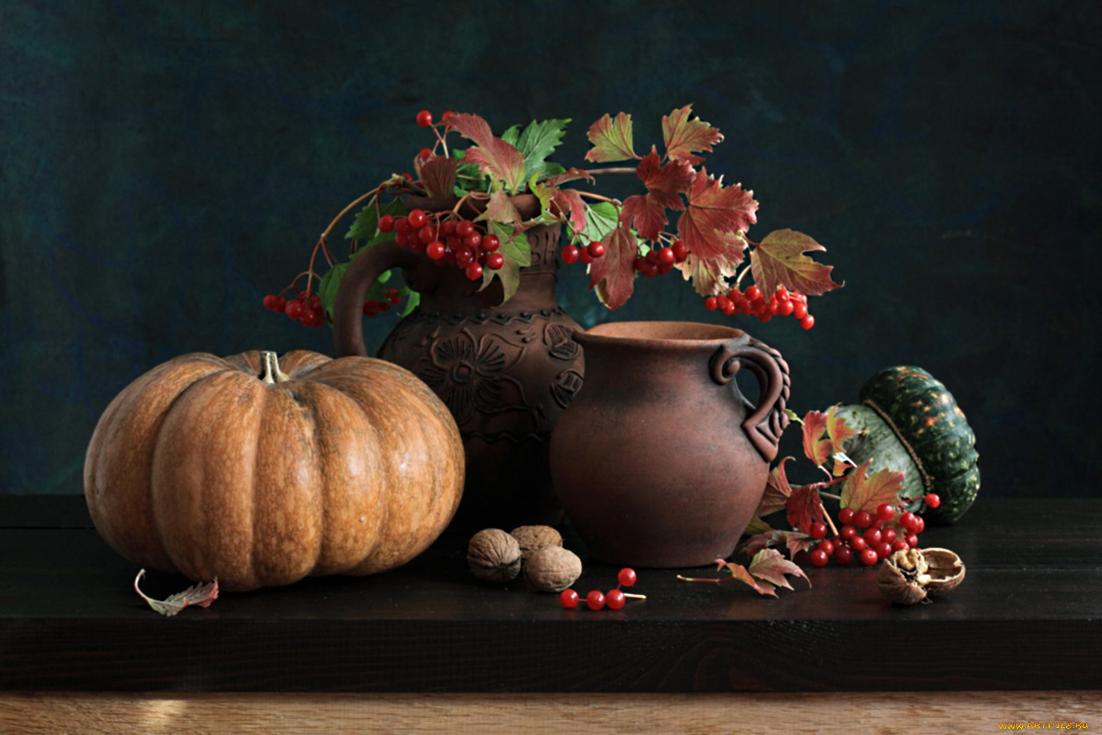 еда, натюрморт, кувшин, калина, тыква, орехи
