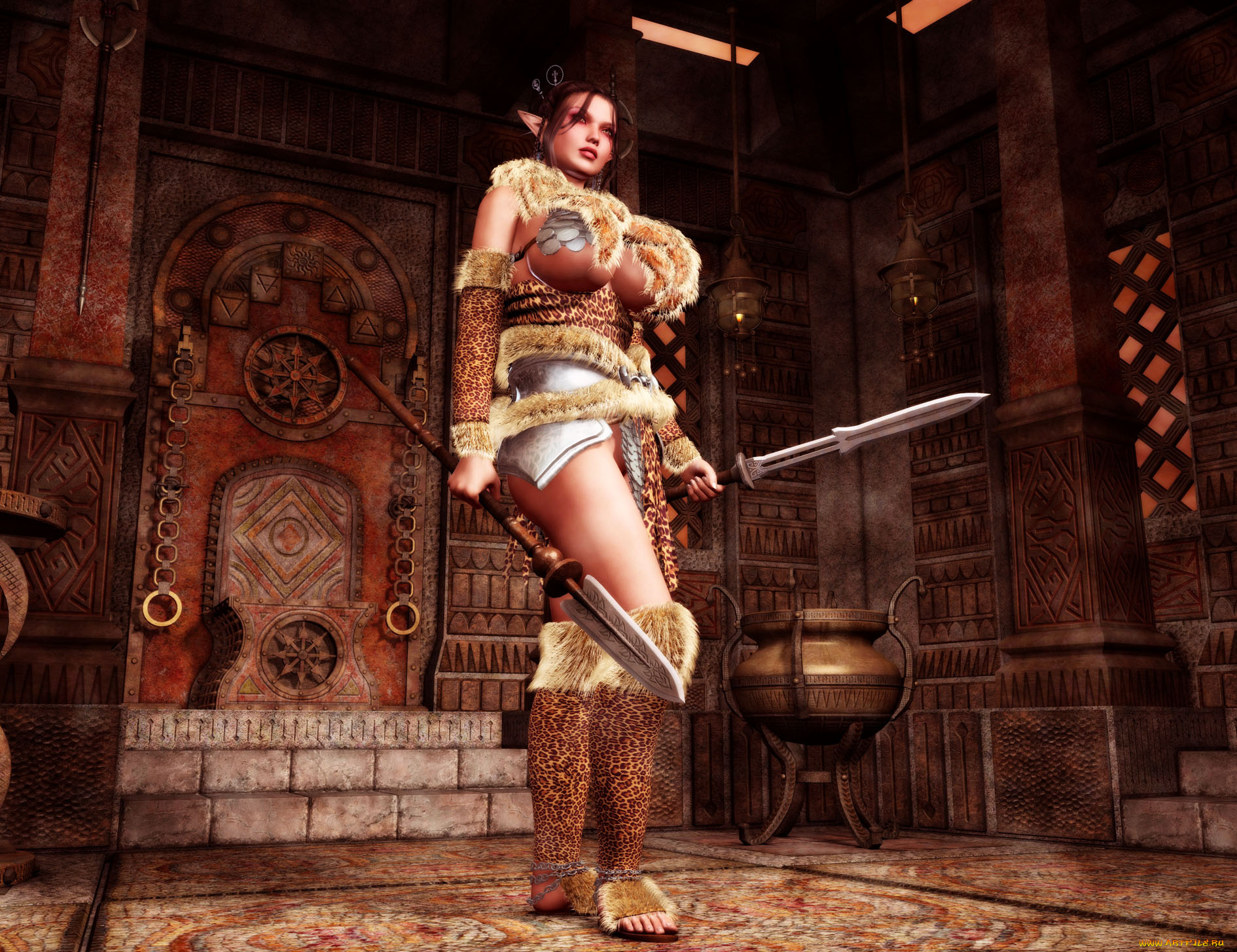 3д, графика, elves, эльфы, копье, меч