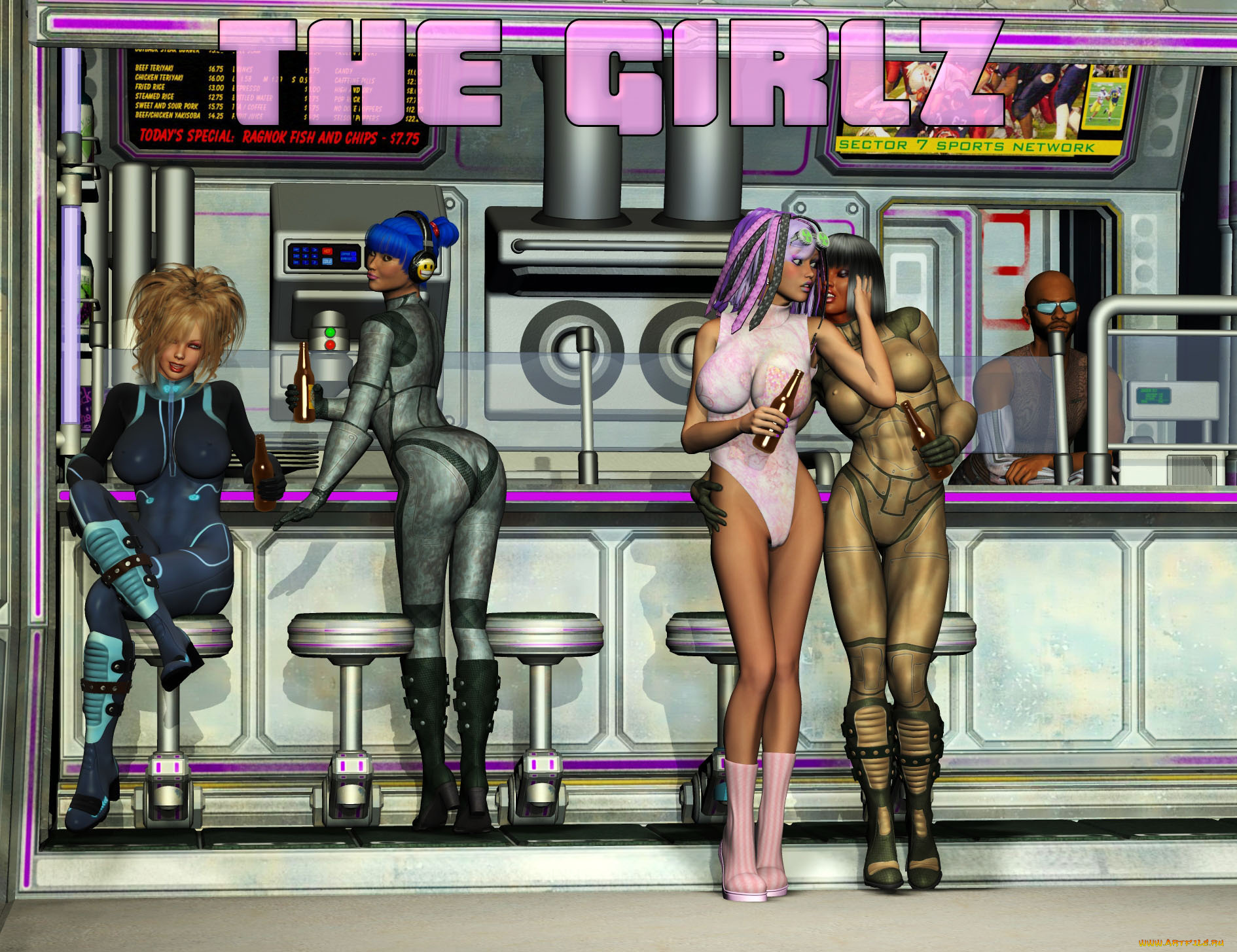 3д, графика, people, люди, бар, бутылка, наушники, бармен