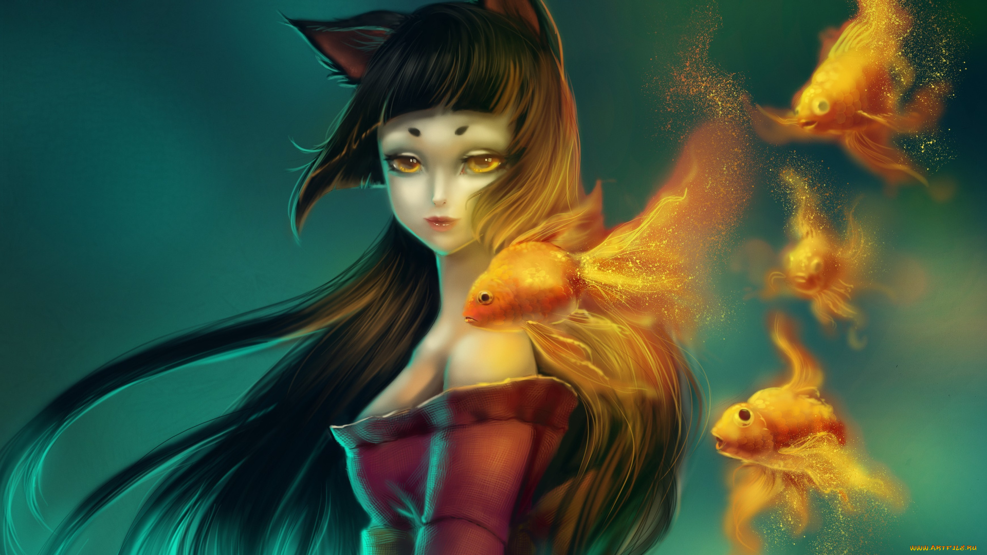 аниме, animals, рыбки, yuri